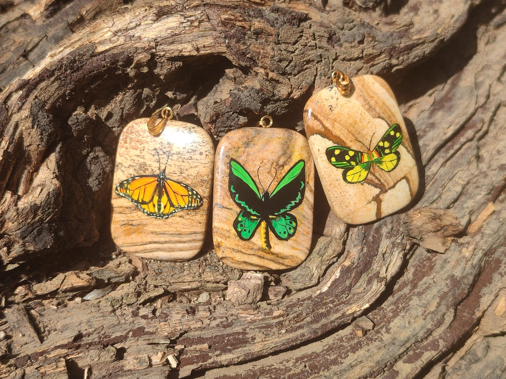 Polished Picture Stone Pendant with Hand Painted Butterfly - Sold Per Item - From Namibia - Toprock Gemstones and Minerals 