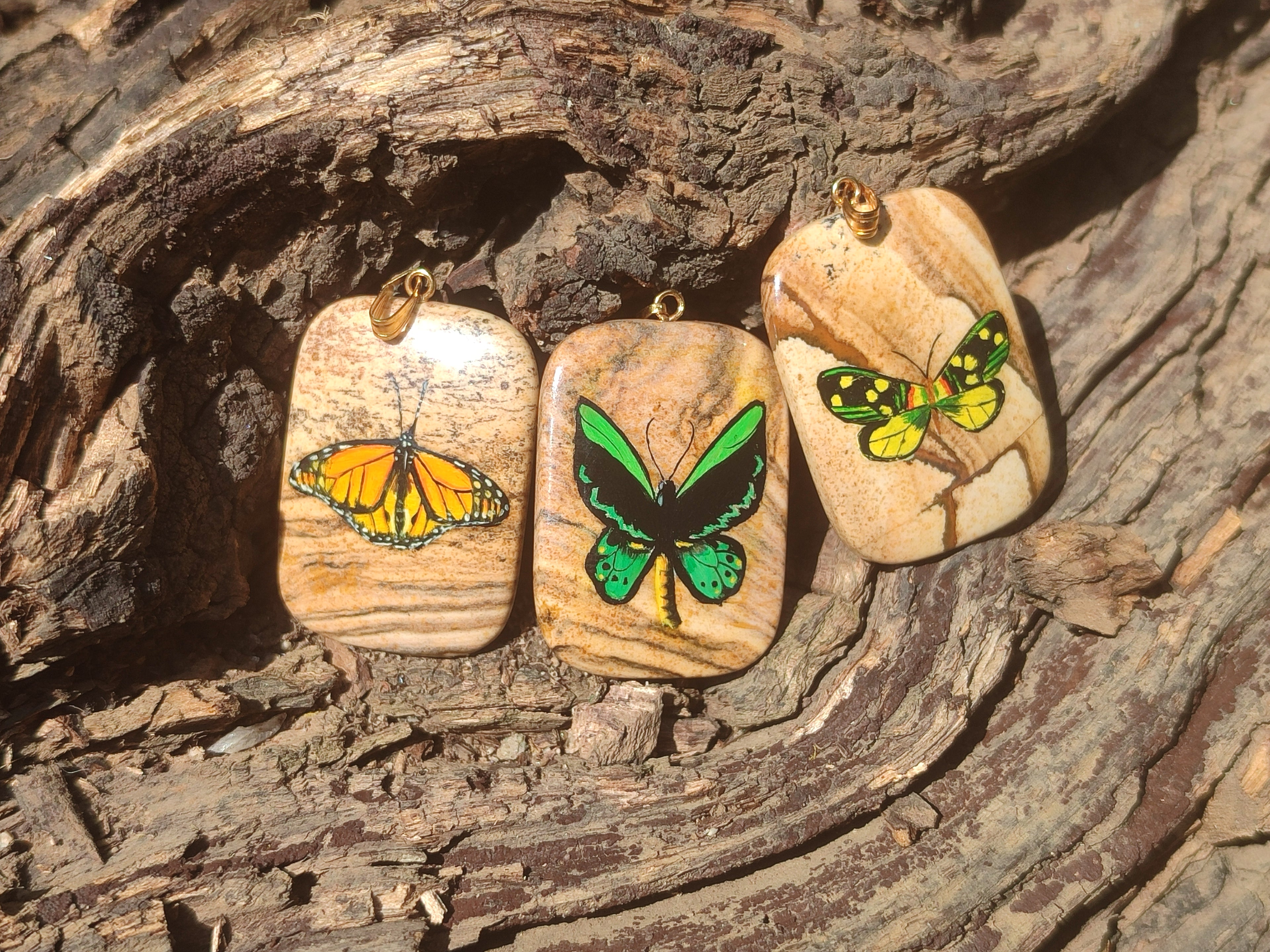 Polished Picture Stone Pendant with Hand Painted Butterfly - Sold Per Item - From Namibia - Toprock Gemstones and Minerals 