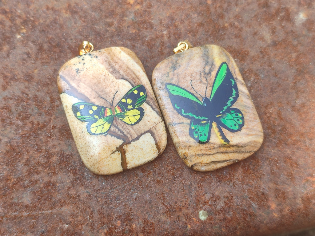 Polished Picture Stone Pendant with Hand Painted Butterfly - Sold Per Item - From Namibia - Toprock Gemstones and Minerals 