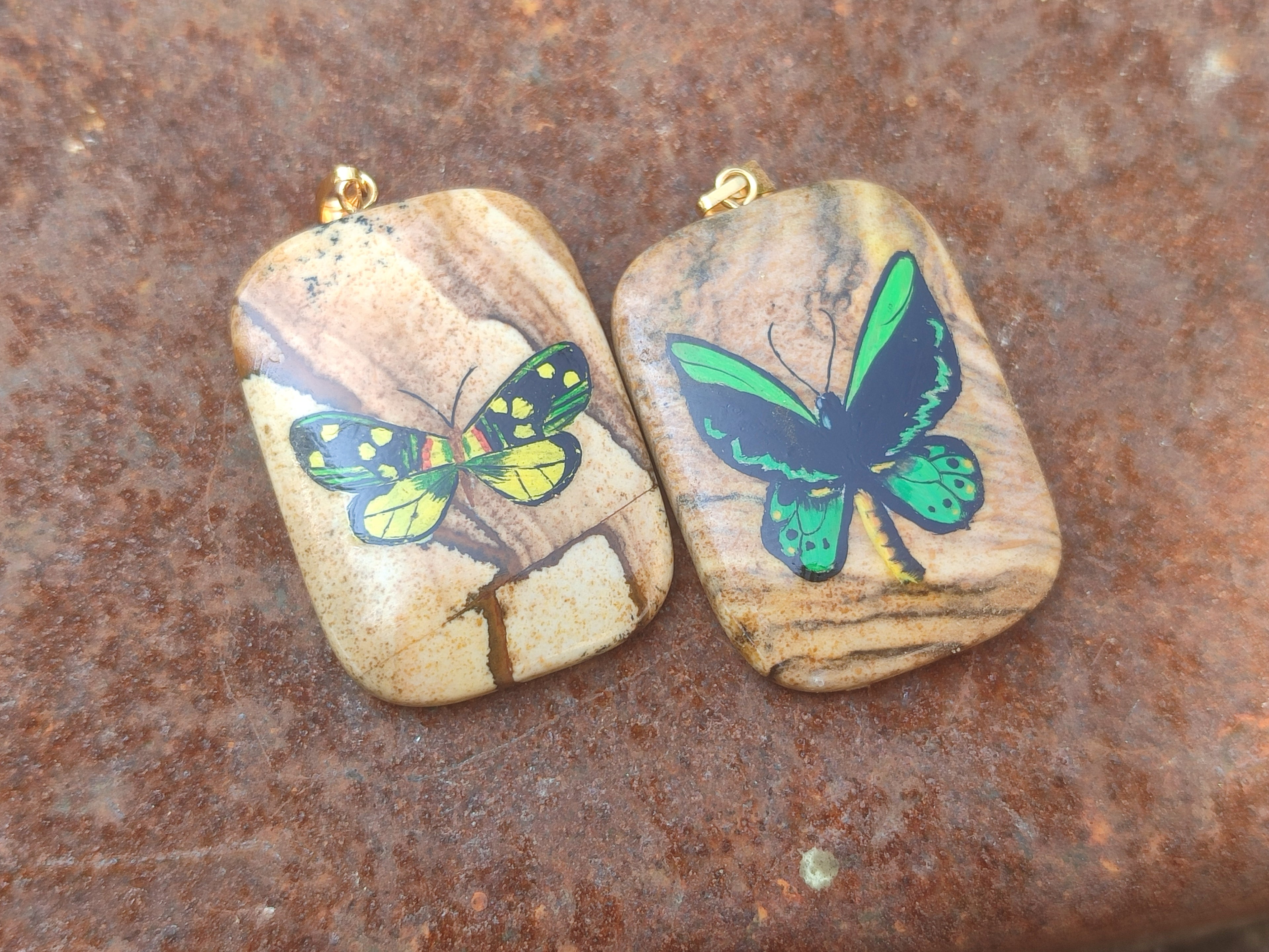 Polished Picture Stone Pendant with Hand Painted Butterfly - Sold Per Item - From Namibia - Toprock Gemstones and Minerals 