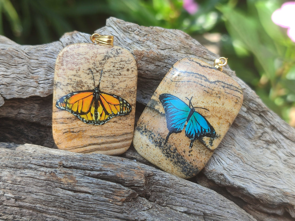 Polished Picture Stone Pendant with Hand Painted Butterfly - Sold Per Item - From Namibia - Toprock Gemstones and Minerals 