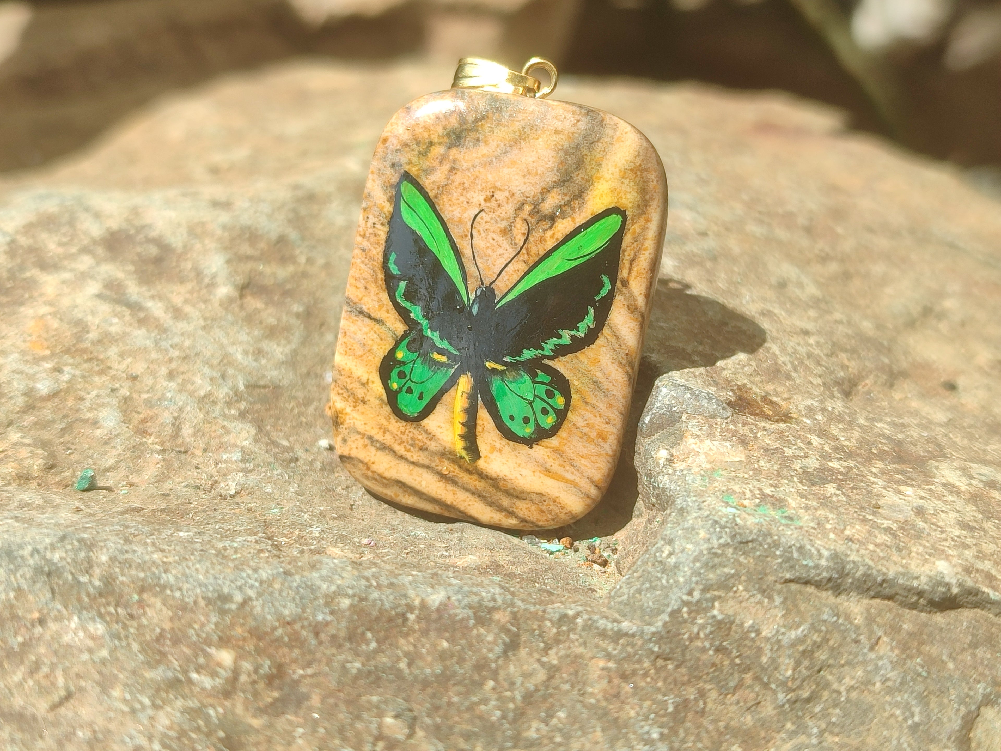 Polished Picture Stone Pendant with Hand Painted Butterfly - Sold Per Item - From Namibia - Toprock Gemstones and Minerals 