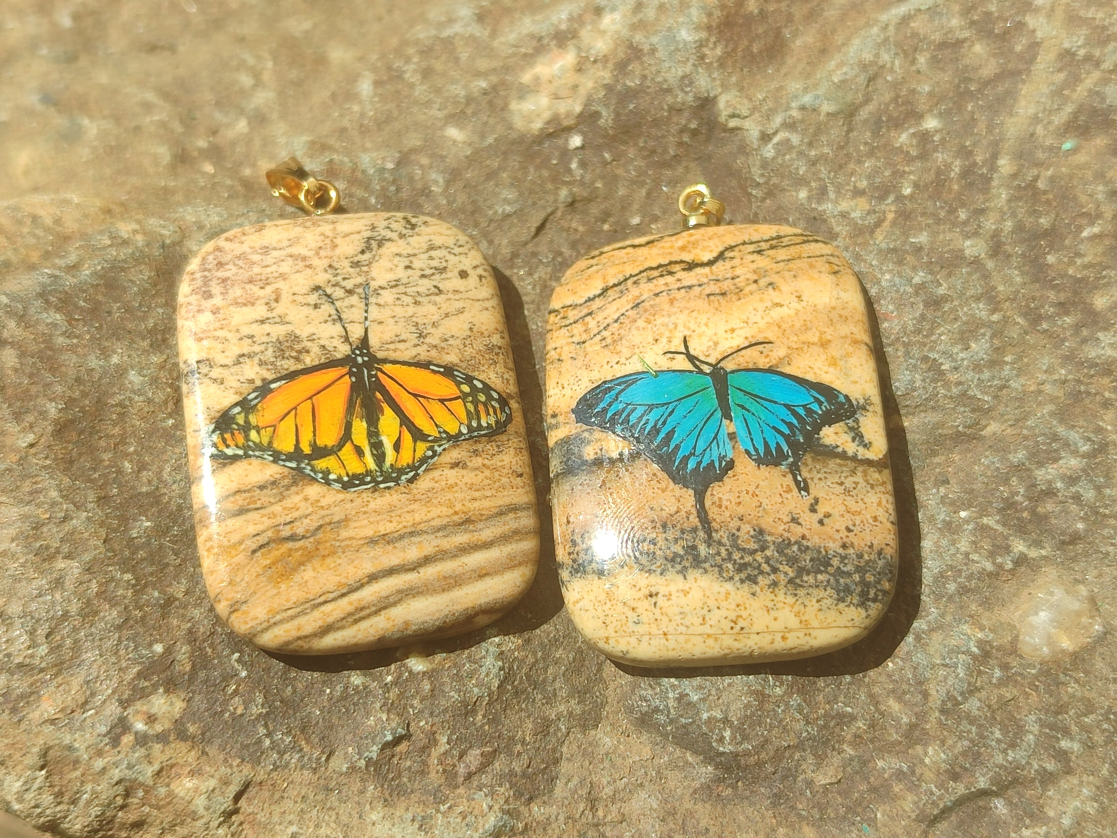 Polished Picture Stone Pendant with Hand Painted Butterfly - Sold Per Item - From Namibia - Toprock Gemstones and Minerals 