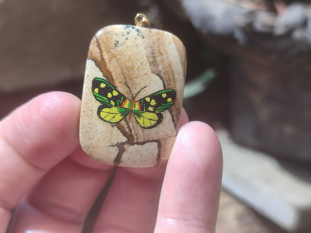 Polished Picture Stone Pendant with Hand Painted Butterfly - Sold Per Item - From Namibia - Toprock Gemstones and Minerals 