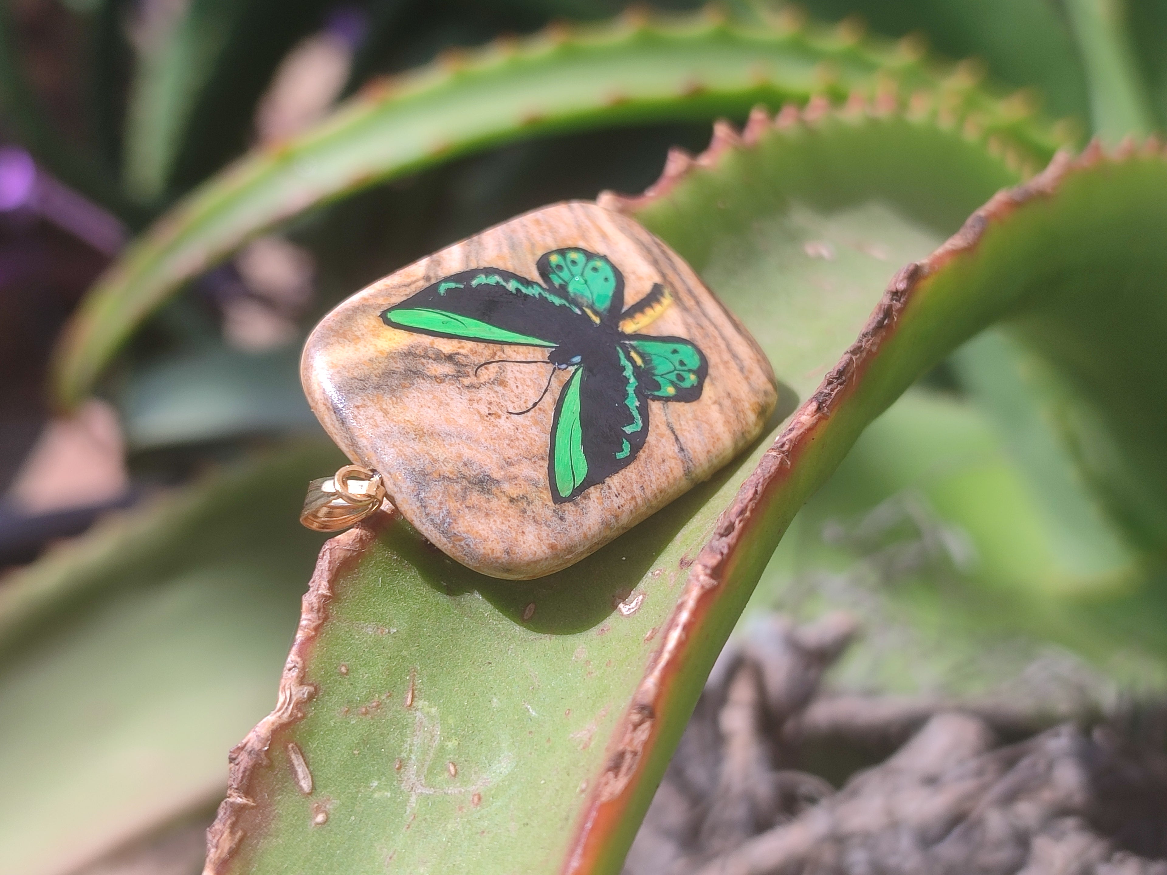 Polished Picture Stone Pendant with Hand Painted Butterfly - Sold Per Item - From Namibia - Toprock Gemstones and Minerals 