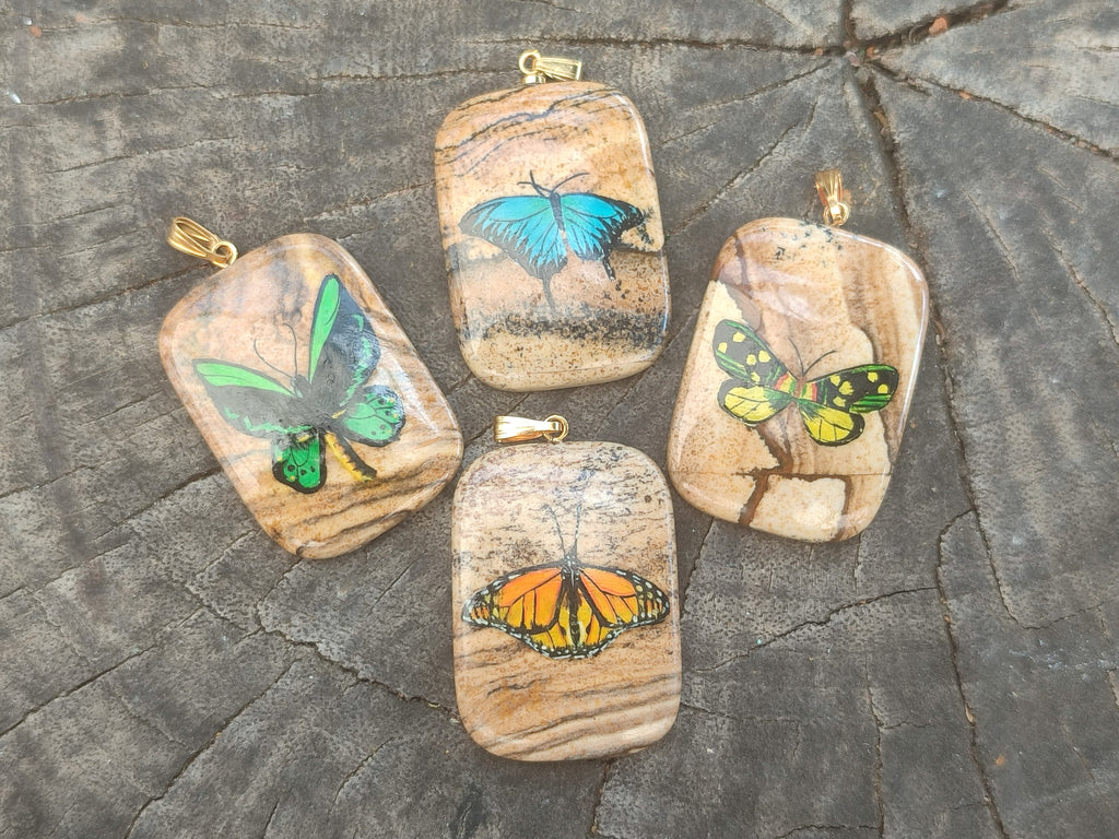 Polished Picture Stone Pendant with Hand Painted Butterfly - Sold Per Item - From Namibia - Toprock Gemstones and Minerals 
