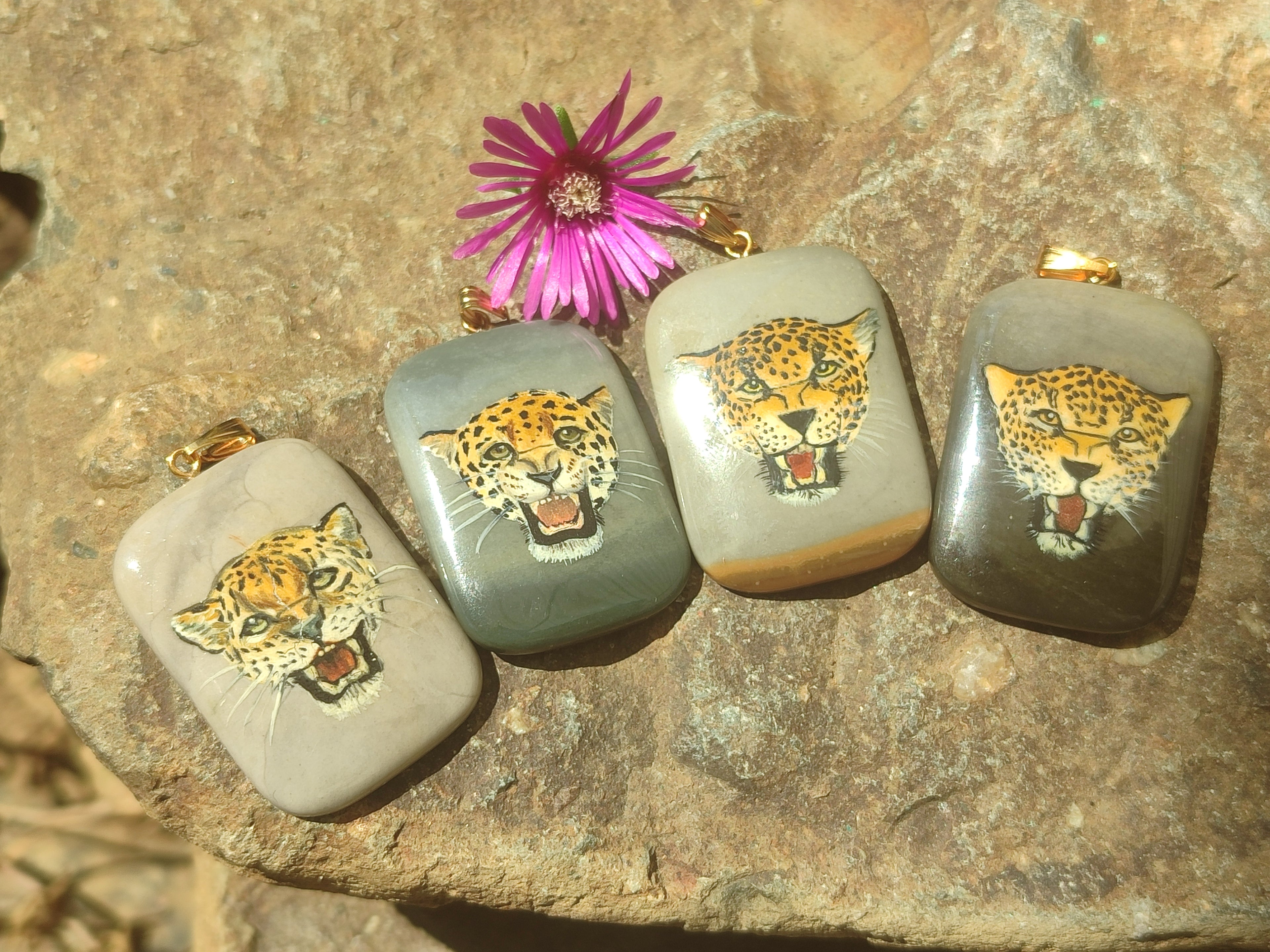 Polished Polychrome Jasper Pendant with Hand Painted Leopard - sold per item - From Madagascar - Toprock Gemstones and Minerals 