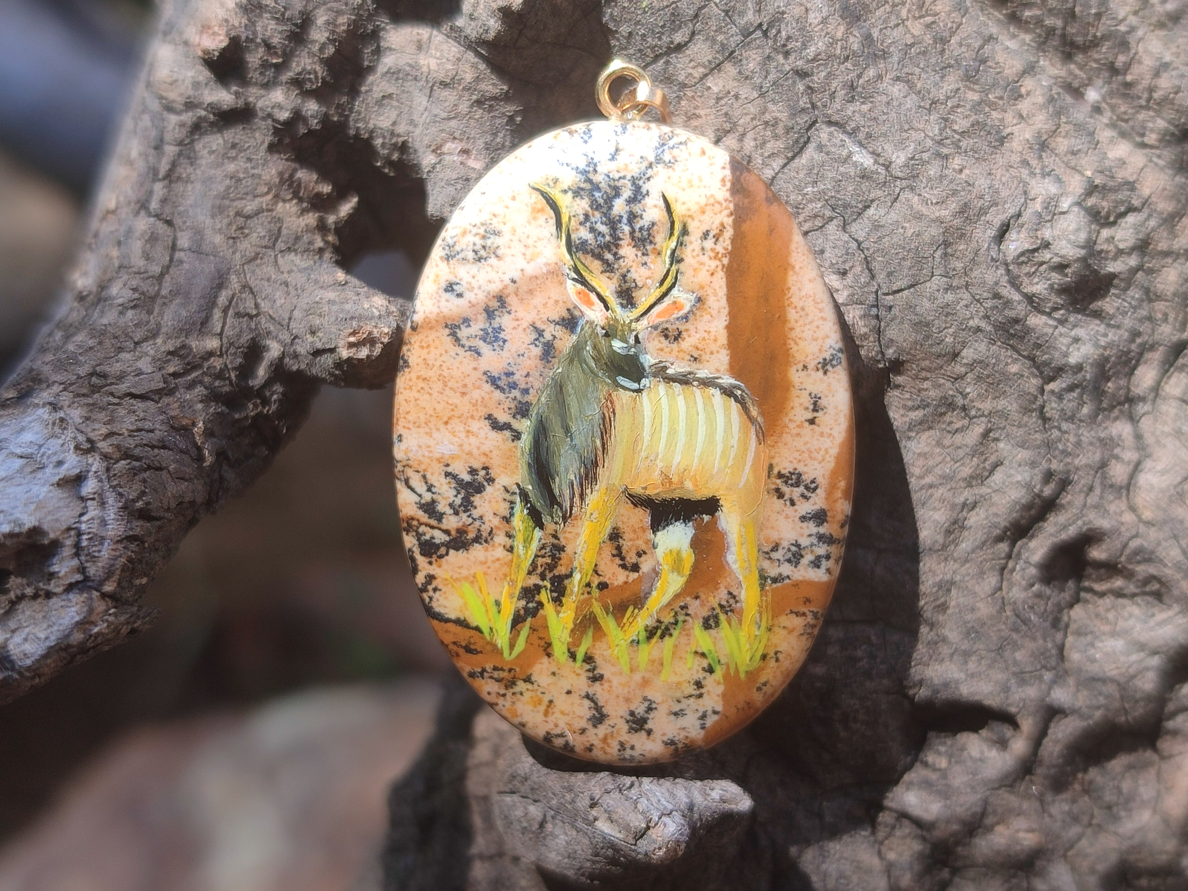 Polished Picture Stone Pendant with Hand Painted Kudu - Sold Per Item - From Namibia - Toprock Gemstones and Minerals 