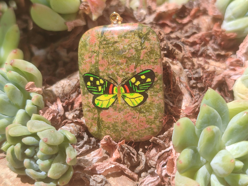 Polished Unakite Pendant with Hand Painted Butterfly - Sold Per Item - From South Africa - Toprock Gemstones and Minerals 