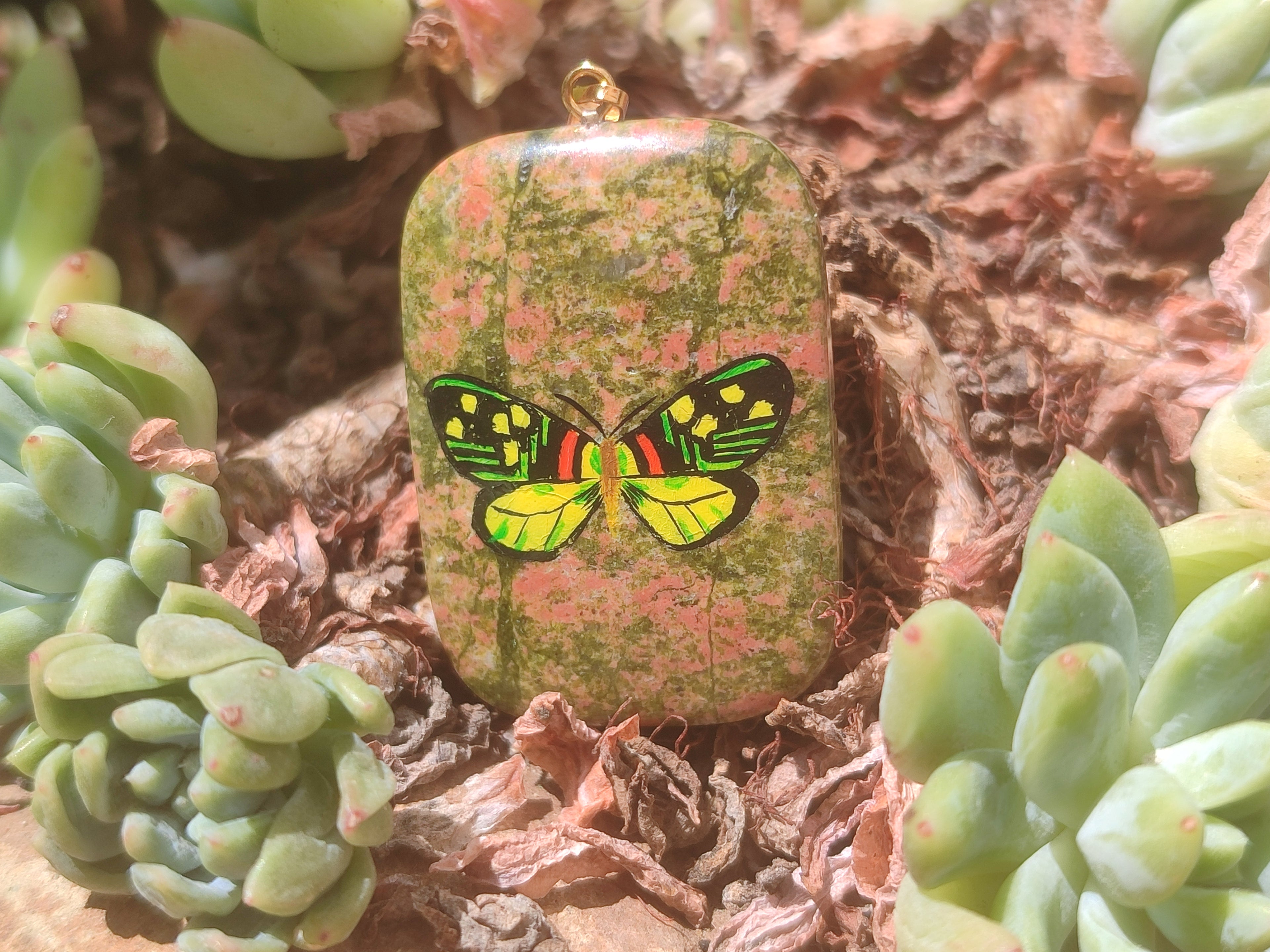 Polished Unakite Pendant with Hand Painted Butterfly - Sold Per Item - From South Africa - Toprock Gemstones and Minerals 