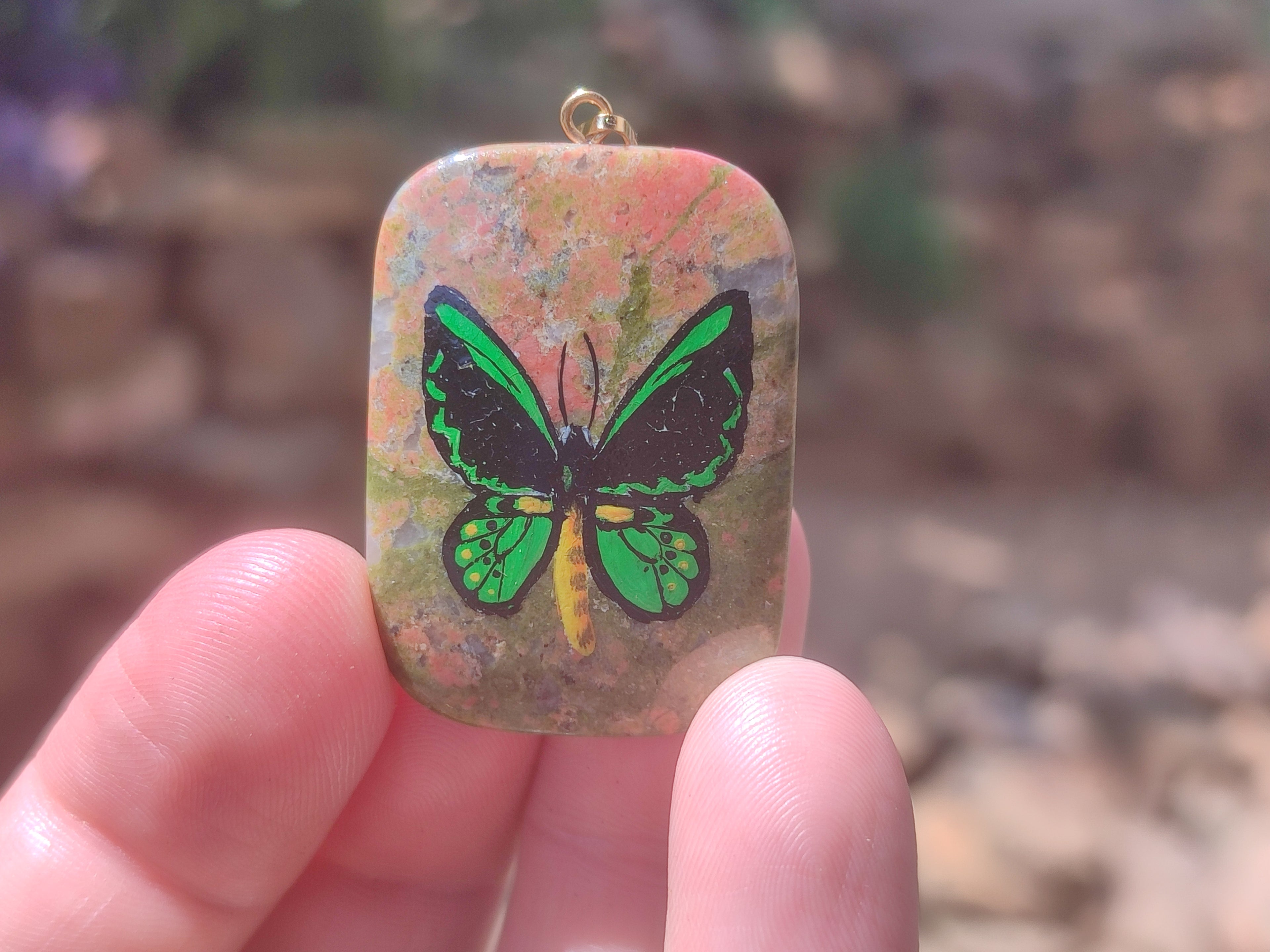 Polished Unakite Pendant with Hand Painted Butterfly - Sold Per Item - From South Africa - Toprock Gemstones and Minerals 