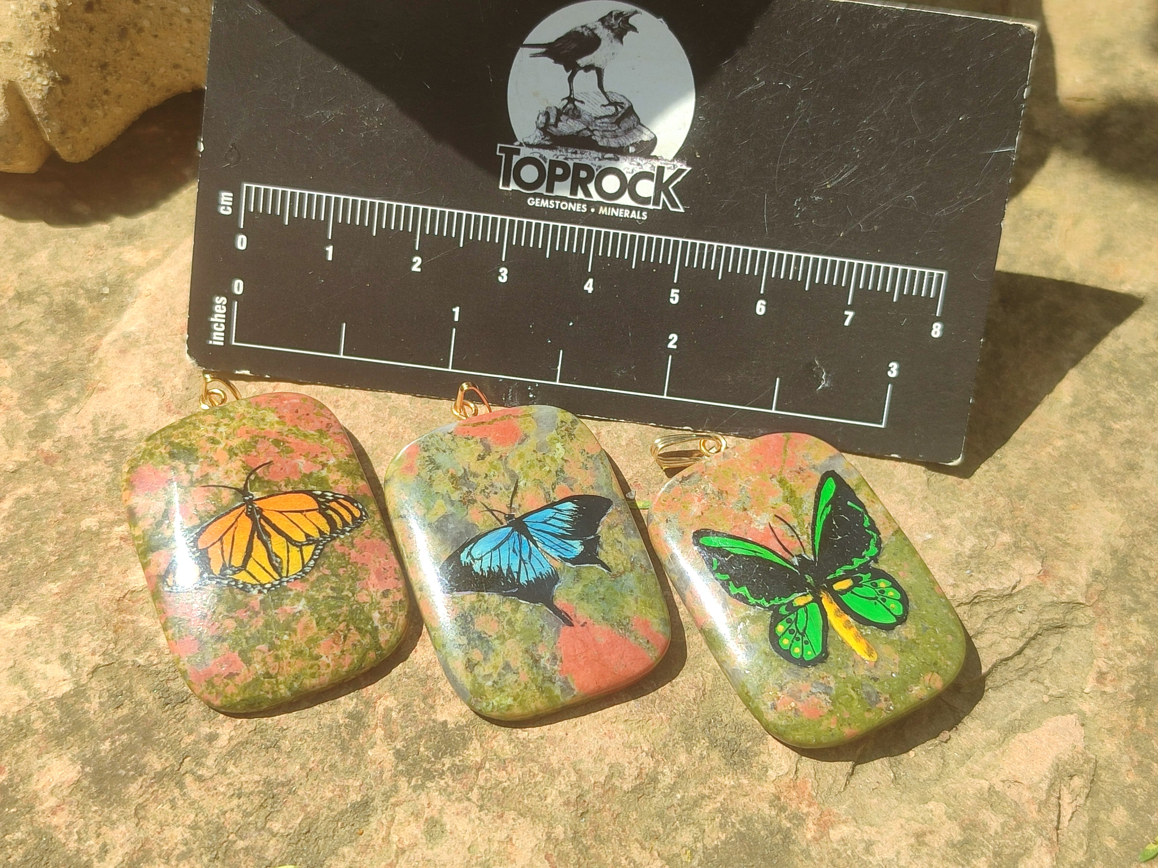 Polished Unakite Pendant with Hand Painted Butterfly - Sold Per Item - From South Africa - Toprock Gemstones and Minerals 