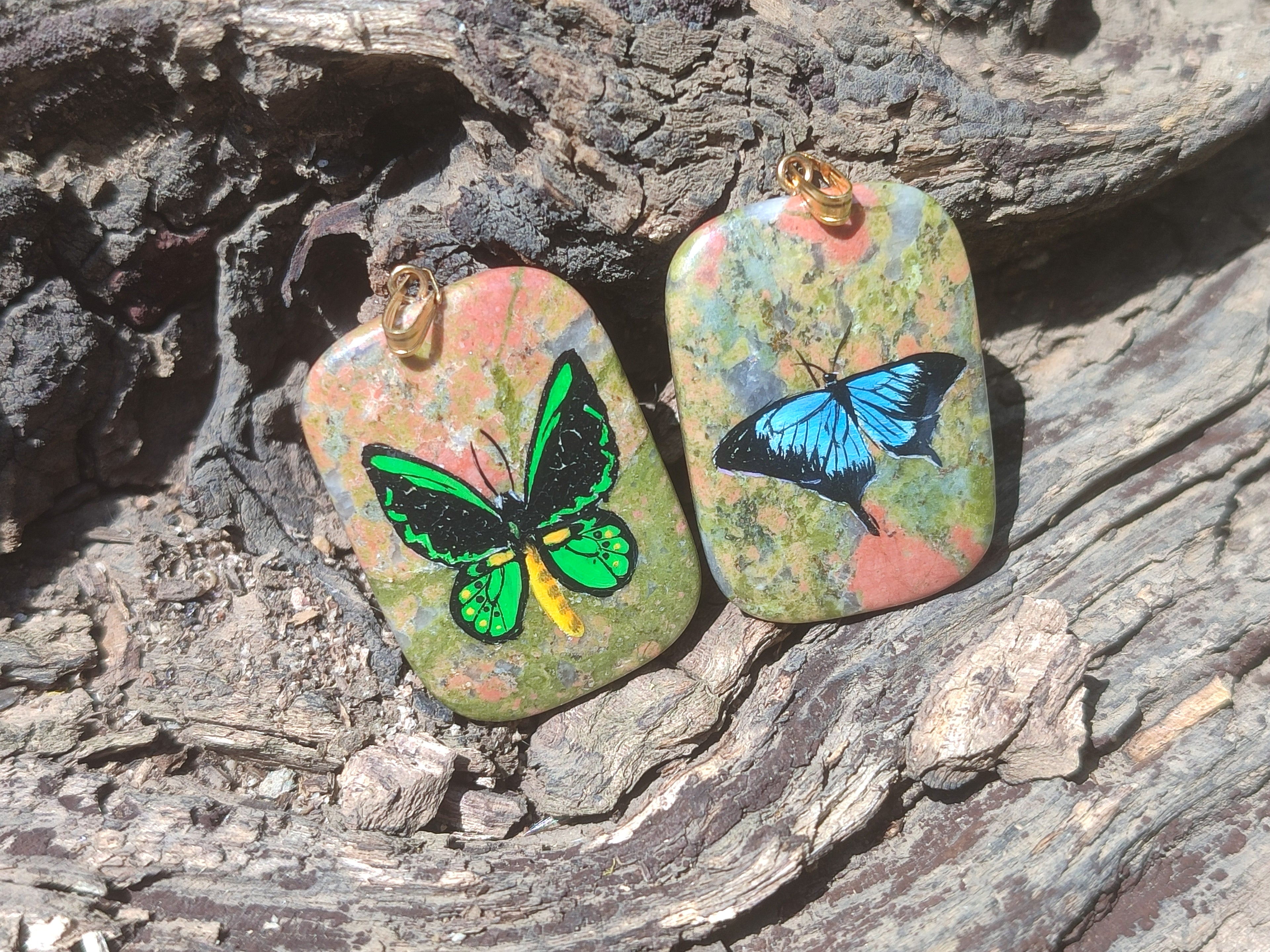 Polished Unakite Pendant with Hand Painted Butterfly - Sold Per Item - From South Africa - Toprock Gemstones and Minerals 