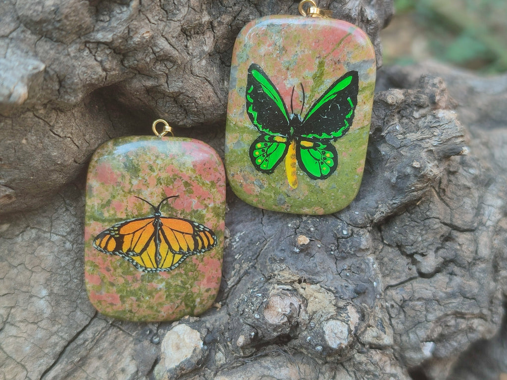 Polished Unakite Pendant with Hand Painted Butterfly - Sold Per Item - From South Africa - Toprock Gemstones and Minerals 