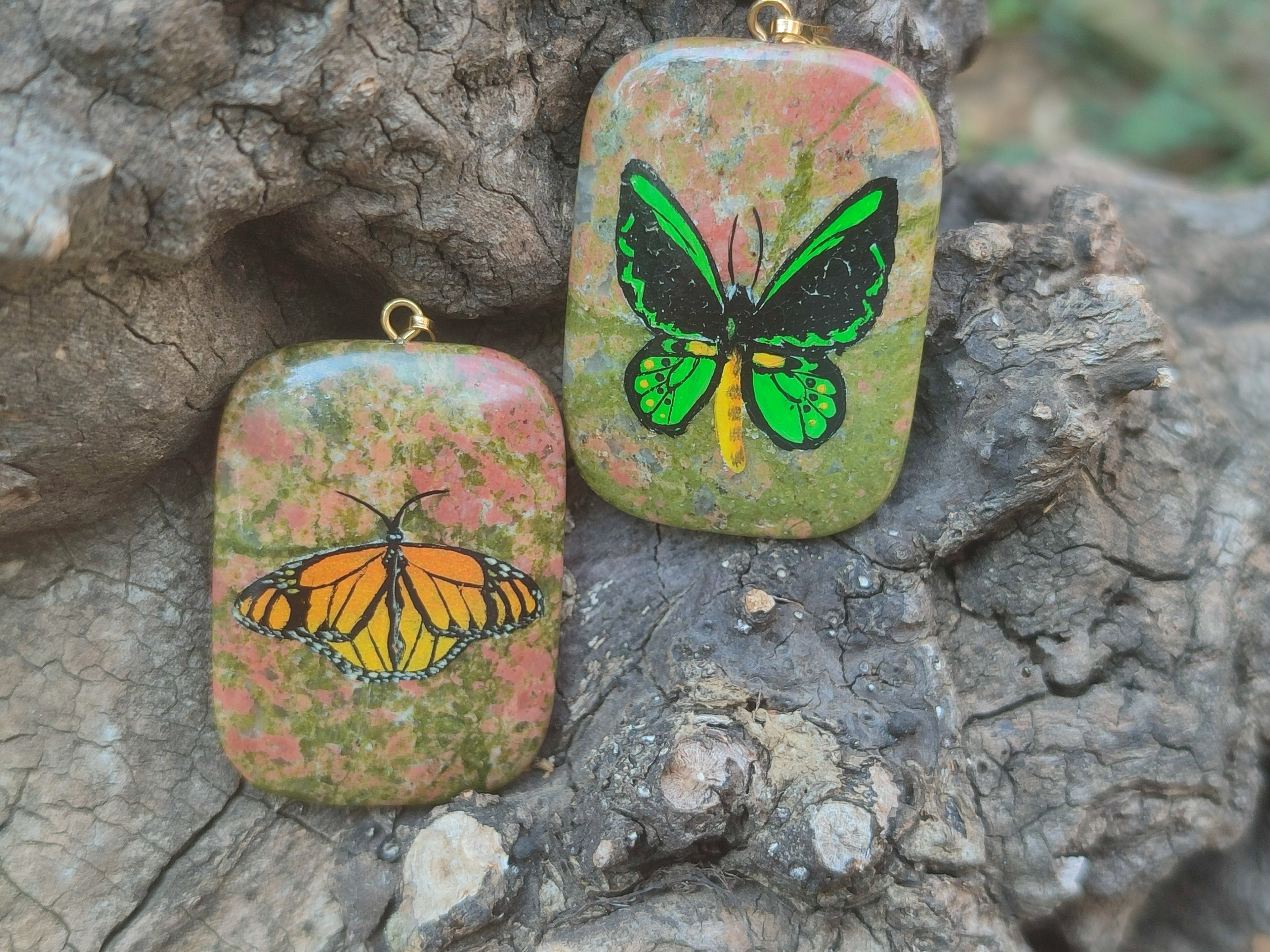 Polished Unakite Pendant with Hand Painted Butterfly - Sold Per Item - From South Africa - Toprock Gemstones and Minerals 