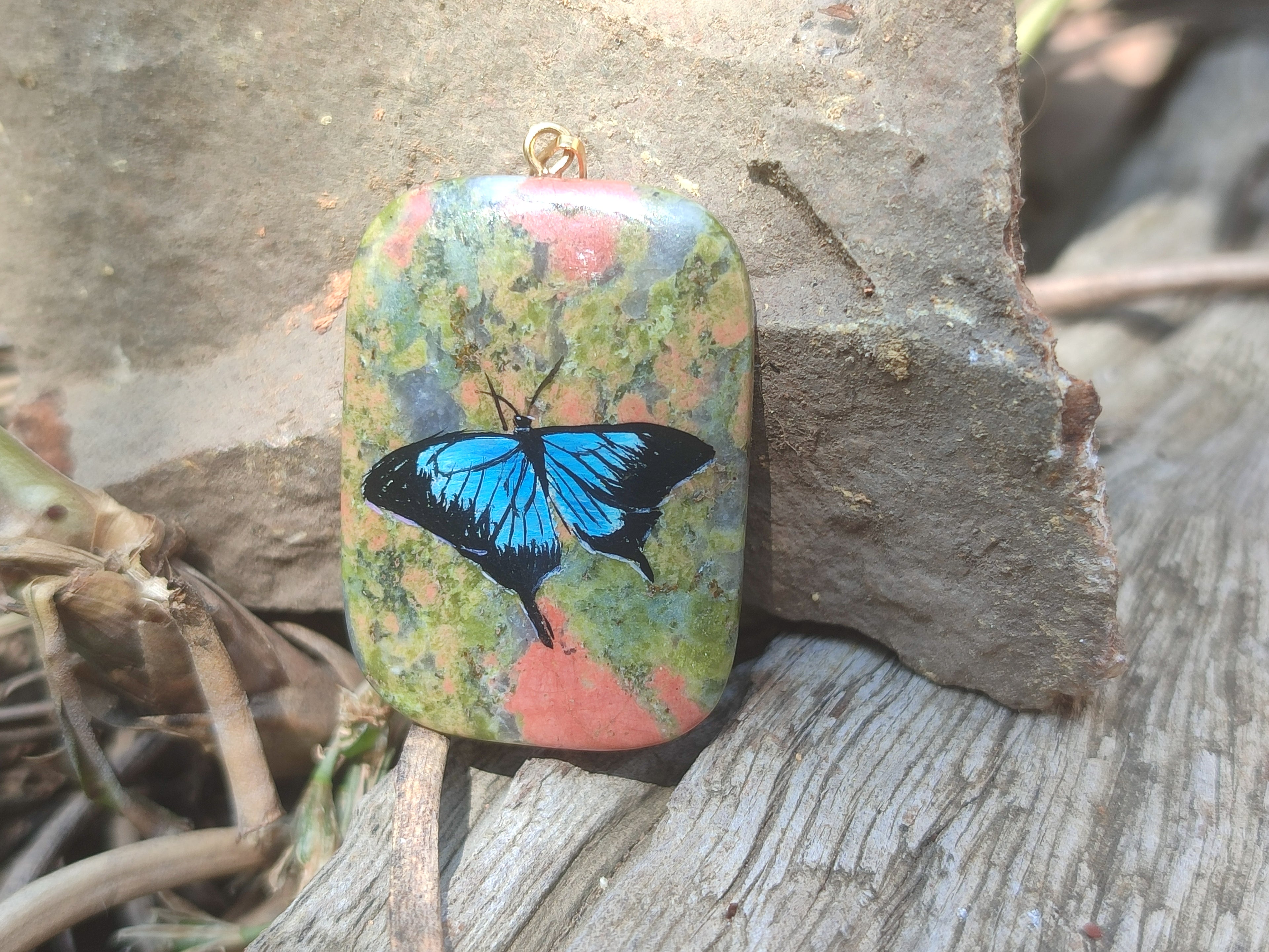 Polished Unakite Pendant with Hand Painted Butterfly - Sold Per Item - From South Africa - Toprock Gemstones and Minerals 