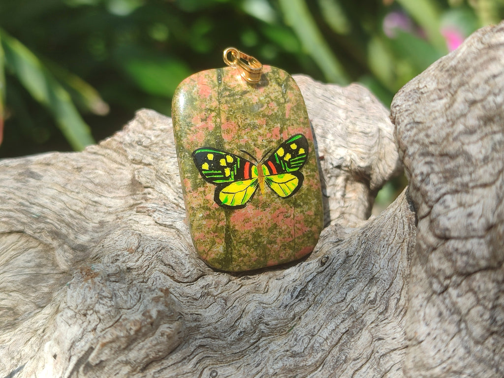 Polished Unakite Pendant with Hand Painted Butterfly - Sold Per Item - From South Africa - Toprock Gemstones and Minerals 