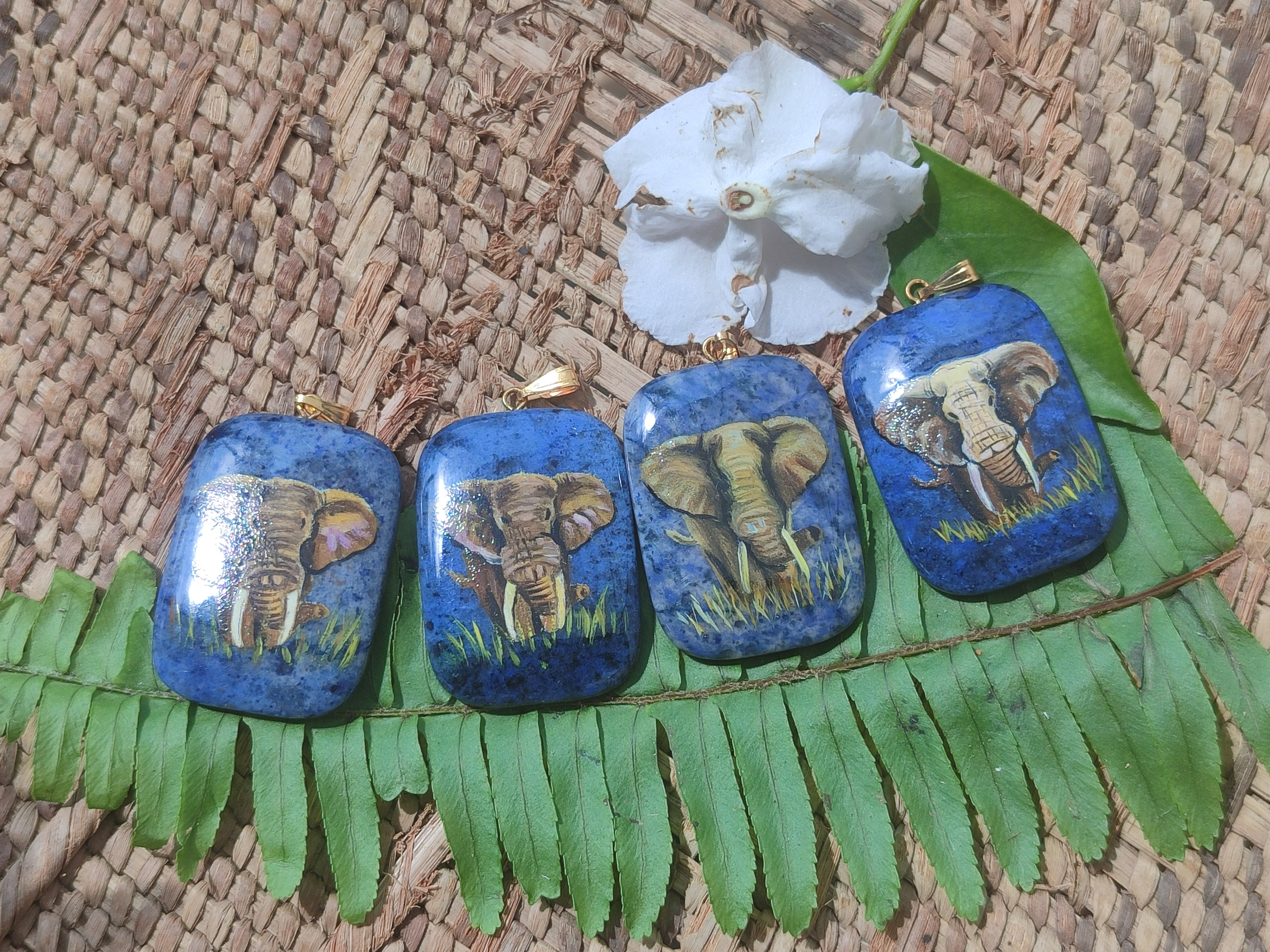 Polished Dumortierite Pendants with Hand Painted Elephant - sold per item - From Mozambique - Toprock Gemstones and Minerals 