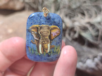 Polished Dumortierite Pendants with Hand Painted Elephant - sold per item - From Mozambique