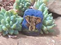 Polished Dumortierite Pendants with Hand Painted Elephant - sold per item - From Mozambique