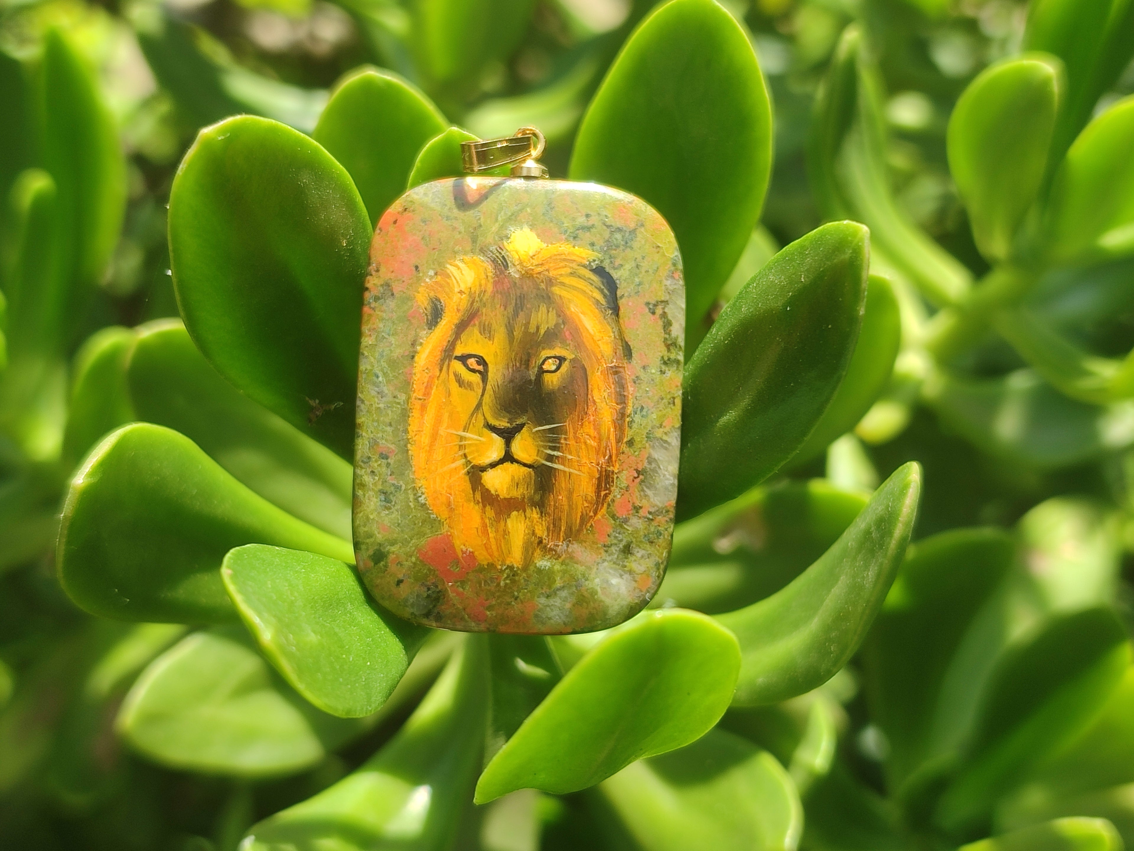 Polished Unakite Pendant with Hand Painted Lion - Sold Per Item - From South Africa - Toprock Gemstones and Minerals 