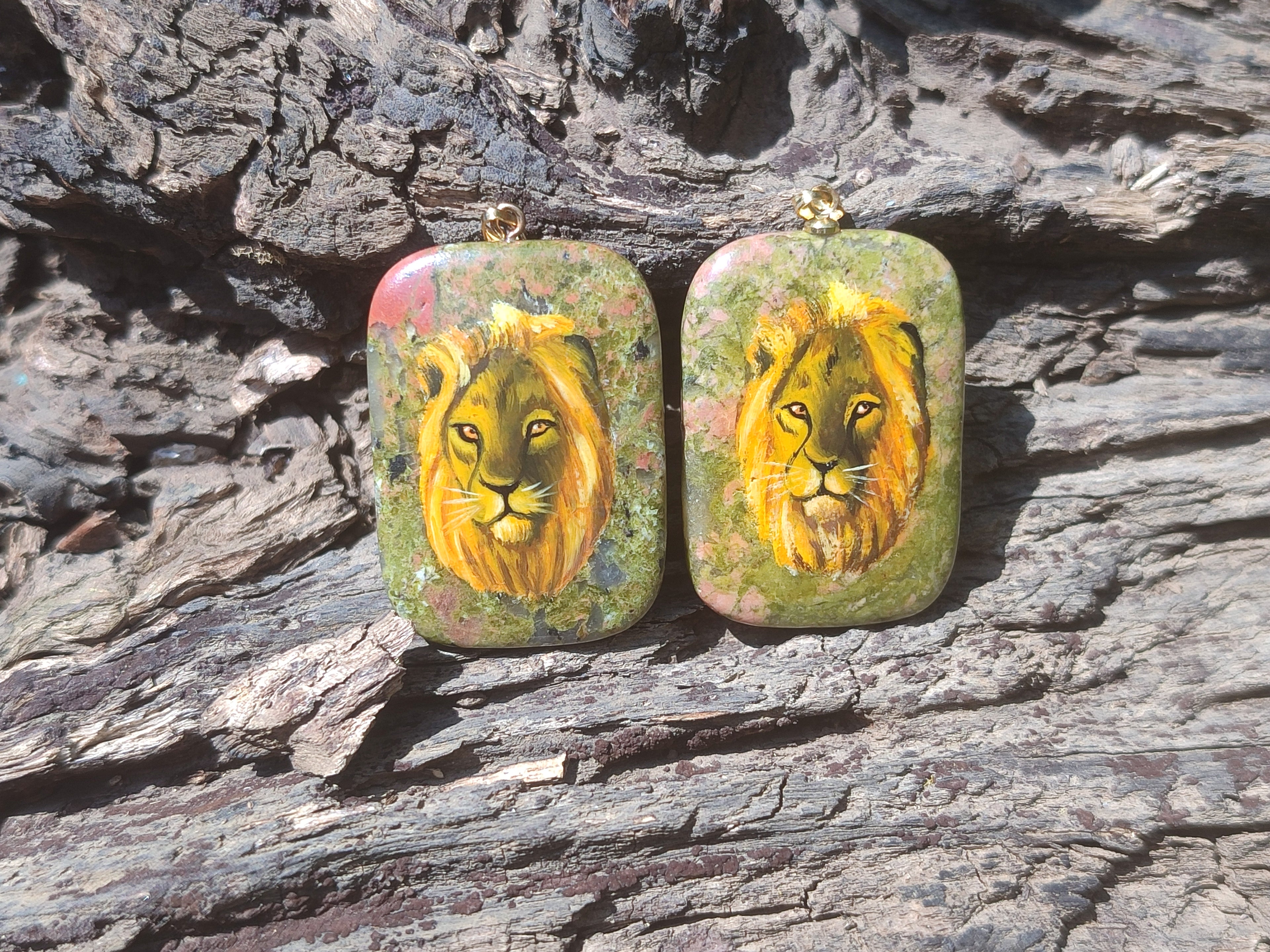 Polished Unakite Pendant with Hand Painted Lion - Sold Per Item - From South Africa - Toprock Gemstones and Minerals 