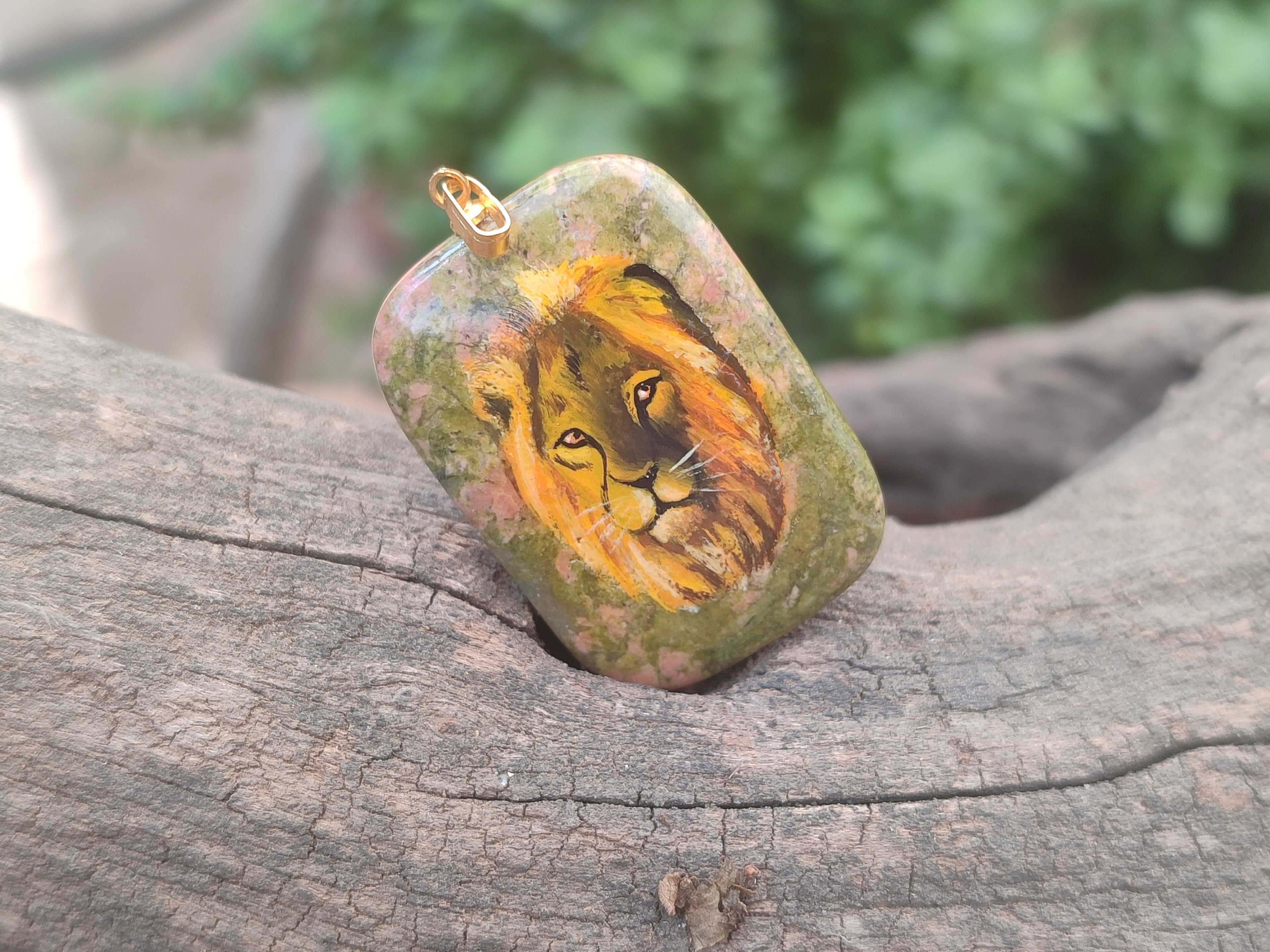 Polished Unakite Pendant with Hand Painted Lion - Sold Per Item - From South Africa - Toprock Gemstones and Minerals 