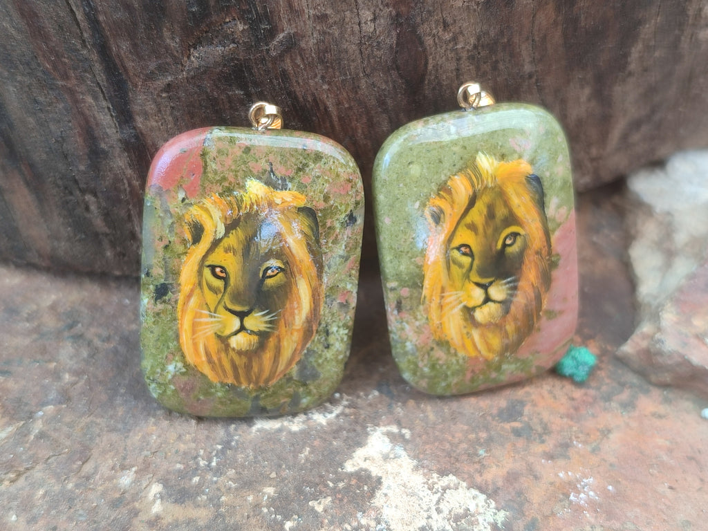 Polished Unakite Pendant with Hand Painted Lion - Sold Per Item - From South Africa - Toprock Gemstones and Minerals 