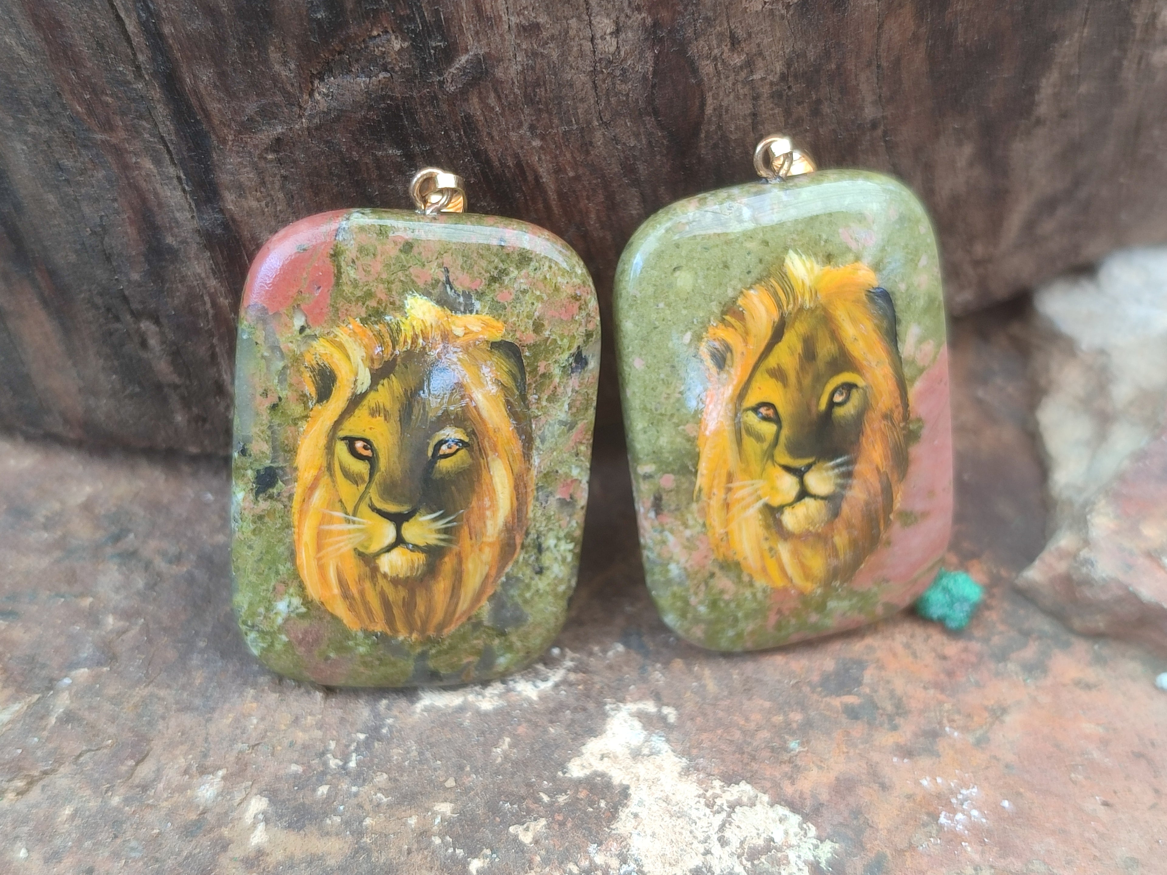 Polished Unakite Pendant with Hand Painted Lion - Sold Per Item - From South Africa - Toprock Gemstones and Minerals 