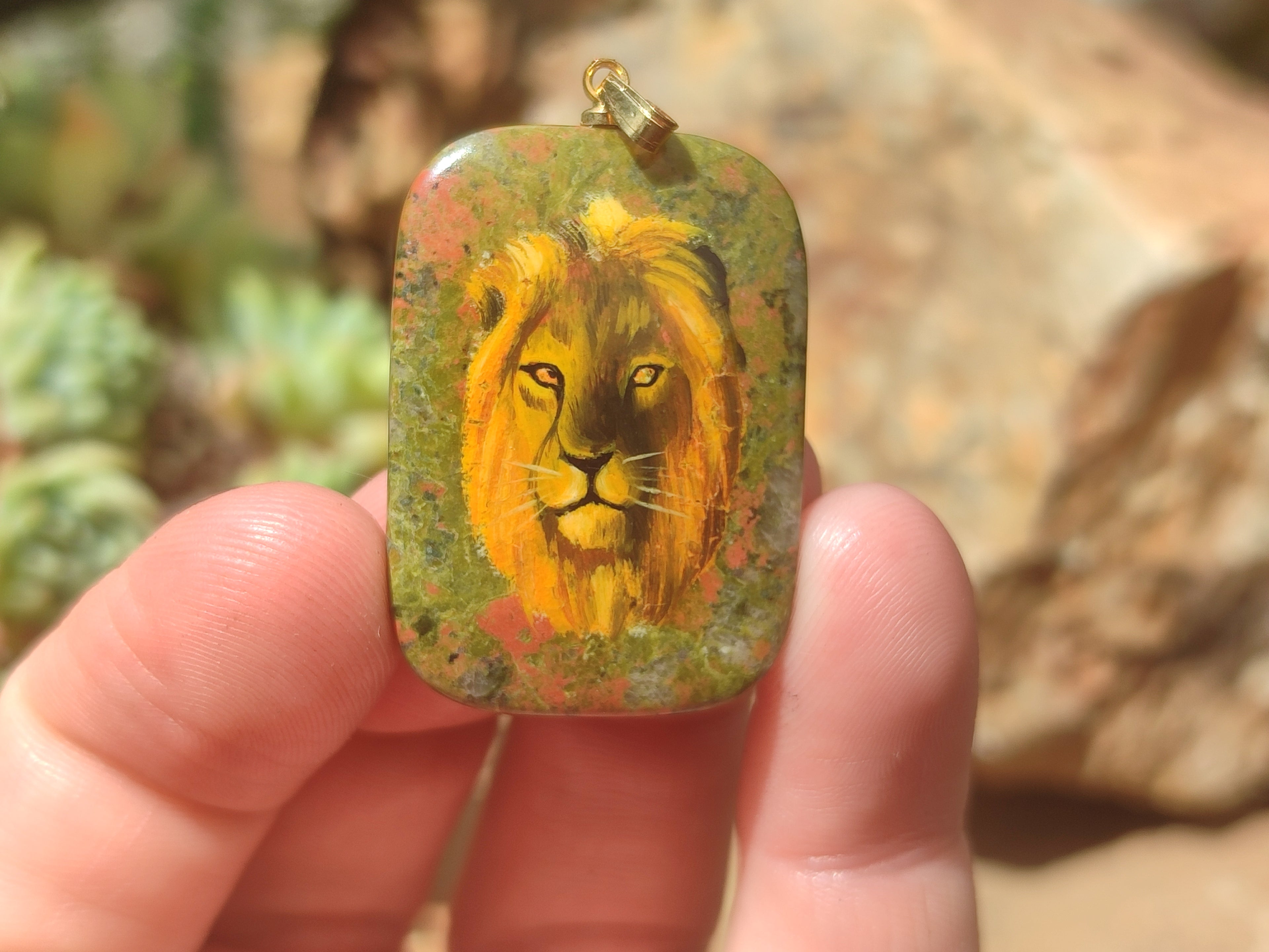 Polished Unakite Pendant with Hand Painted Lion - Sold Per Item - From South Africa - Toprock Gemstones and Minerals 