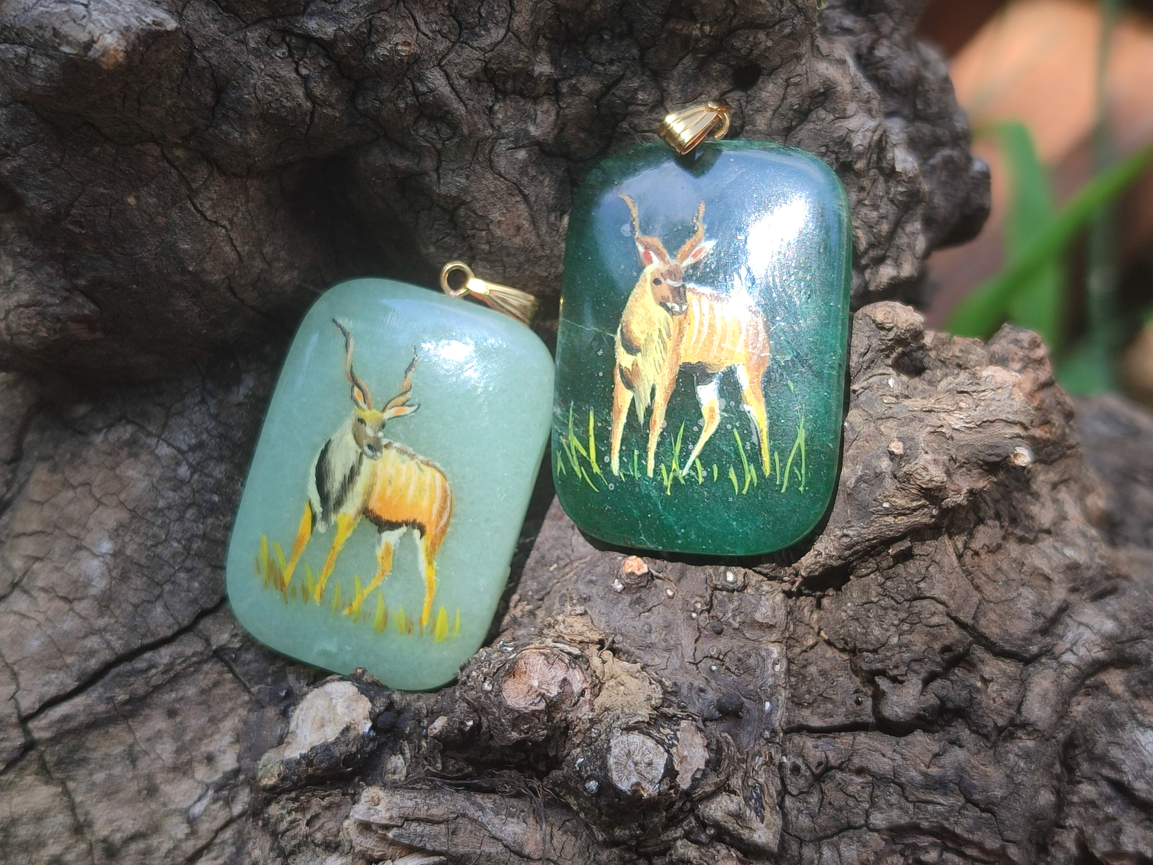 Polished Aventurine Pendant with Hand Painted Kudu - Sold Per Item - From Zimbabwe - Toprock Gemstones and Minerals 