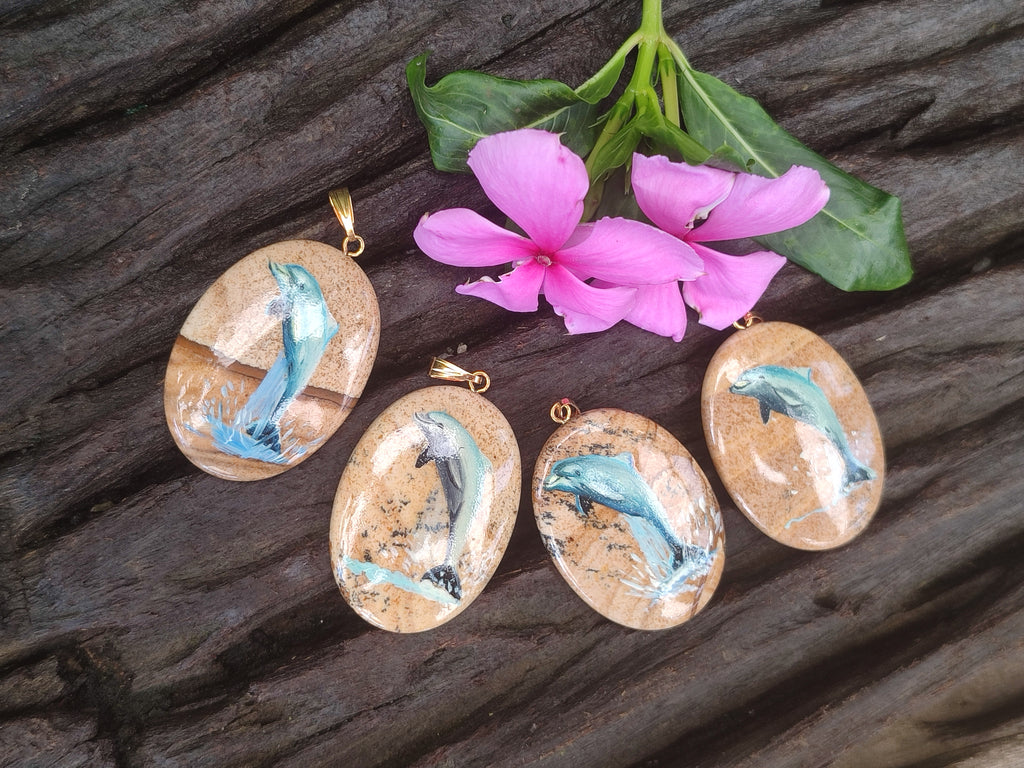 Polished Picture Stone Pendant with Hand Painted Dolphin - Sold Per Item - From Namibia - Toprock Gemstones and Minerals 