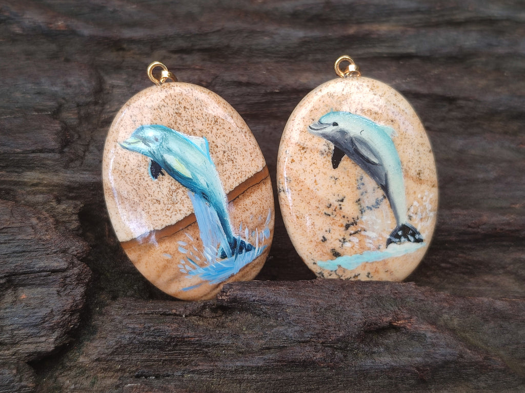 Polished Picture Stone Pendant with Hand Painted Dolphin - Sold Per Item - From Namibia - Toprock Gemstones and Minerals 