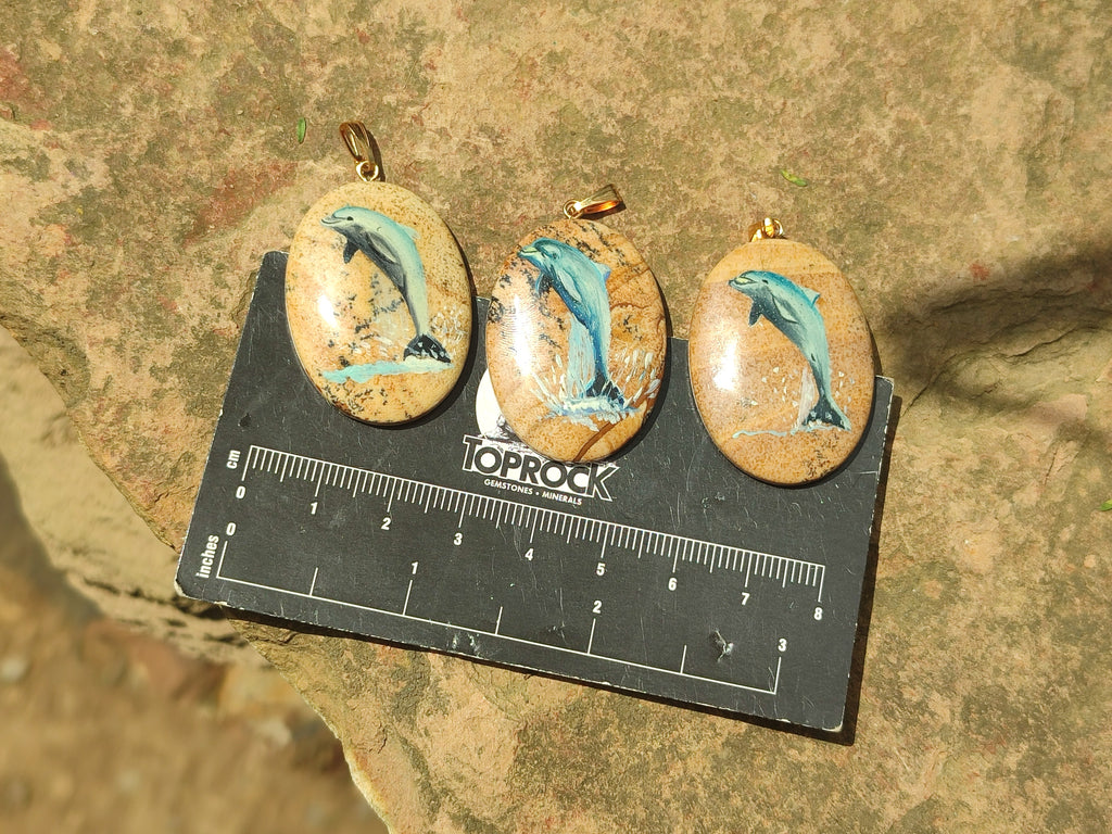 Polished Picture Stone Pendant with Hand Painted Dolphin - Sold Per Item - From Namibia - Toprock Gemstones and Minerals 