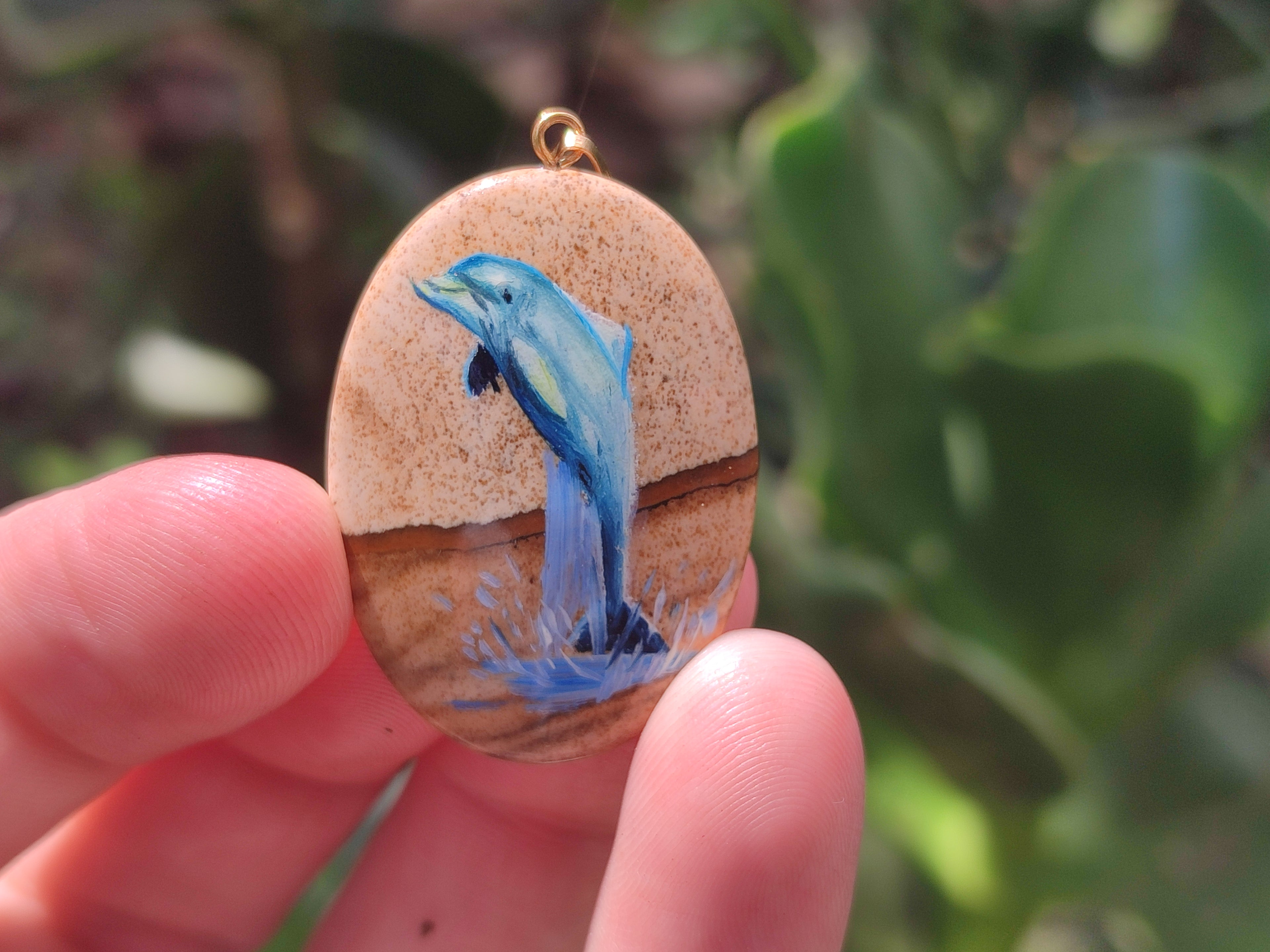 Polished Picture Stone Pendant with Hand Painted Dolphin - Sold Per Item - From Namibia - Toprock Gemstones and Minerals 