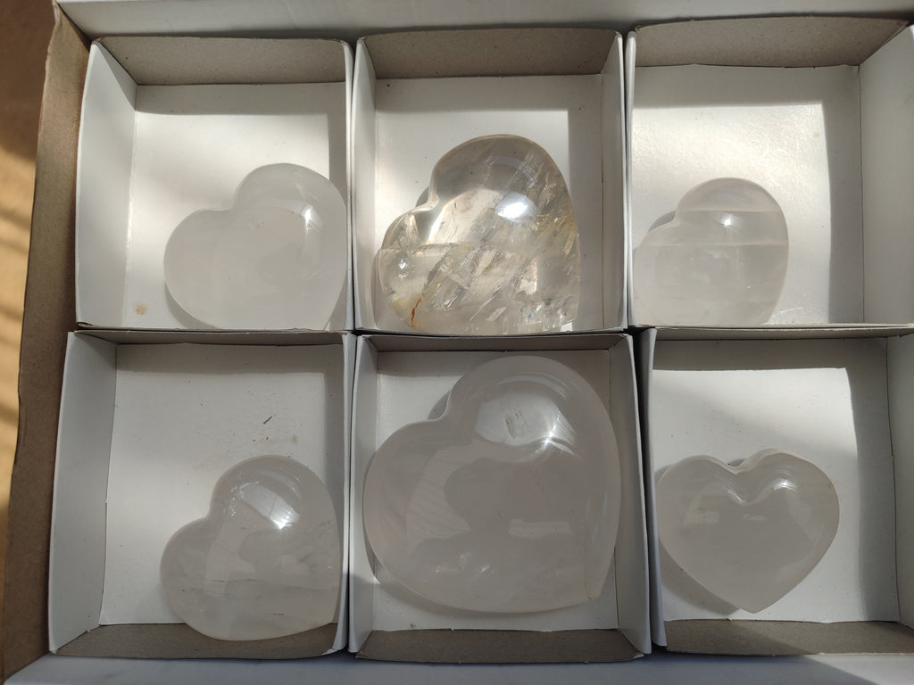 Polished Girasol Pearl Quartz Gemstone Hearts x 6 From Madagascar - Toprock Gemstones and Minerals 