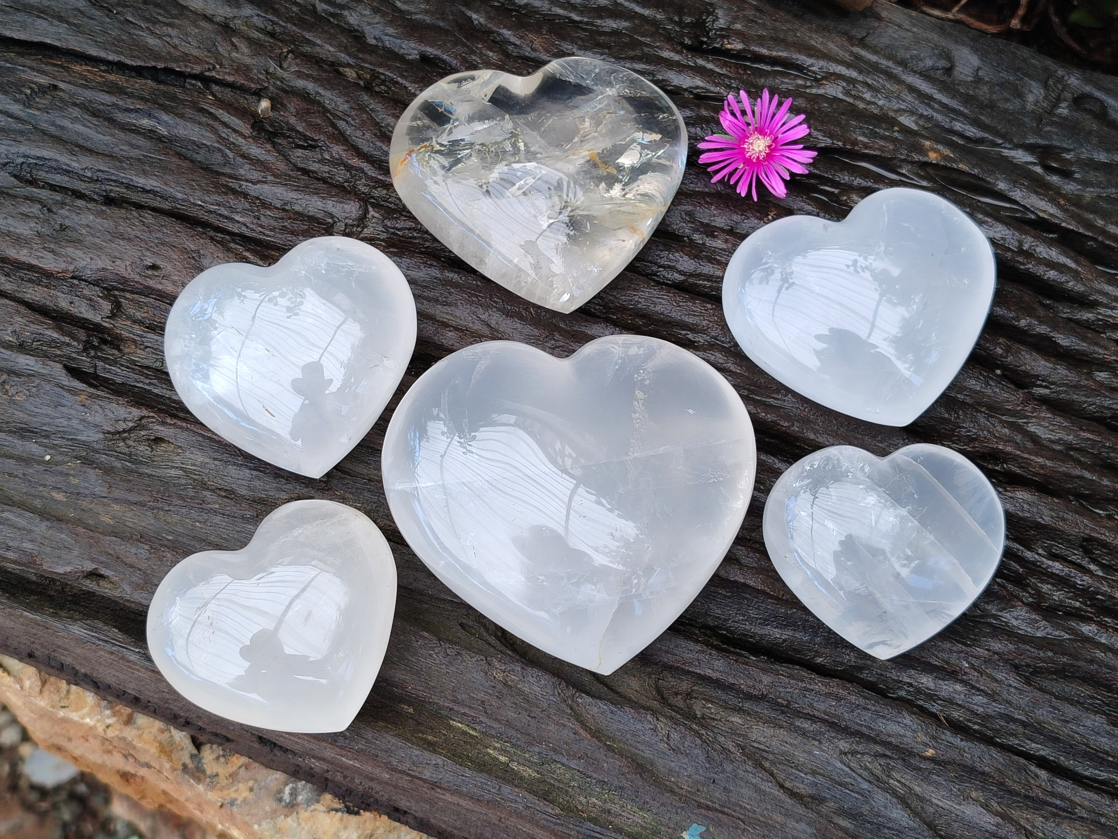 Polished Girasol Pearl Quartz Gemstone Hearts x 6 From Madagascar - Toprock Gemstones and Minerals 