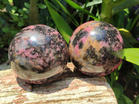 Polished Rhodonite Spheres x 2 From Ambindavato, Madagascar - Toprock Gemstones and Minerals 