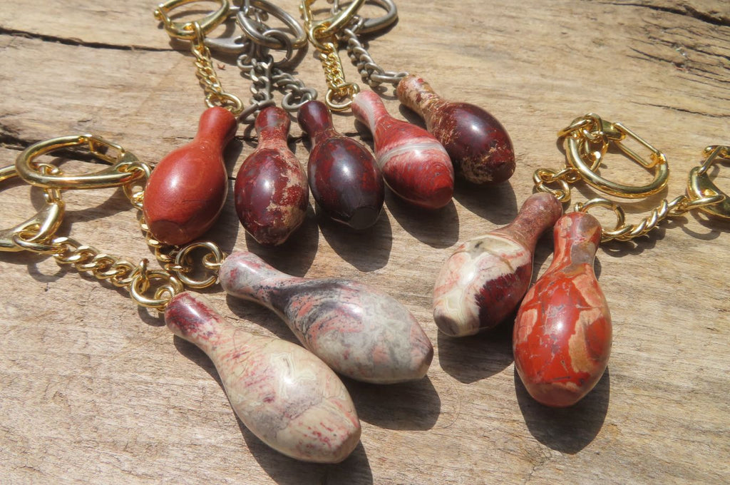 Hand Made Brecciated Red Jasper Ten Pin Bowling Skittle Keyrings - Sold Per Item - From South Africa - Toprock Gemstones and Minerals 