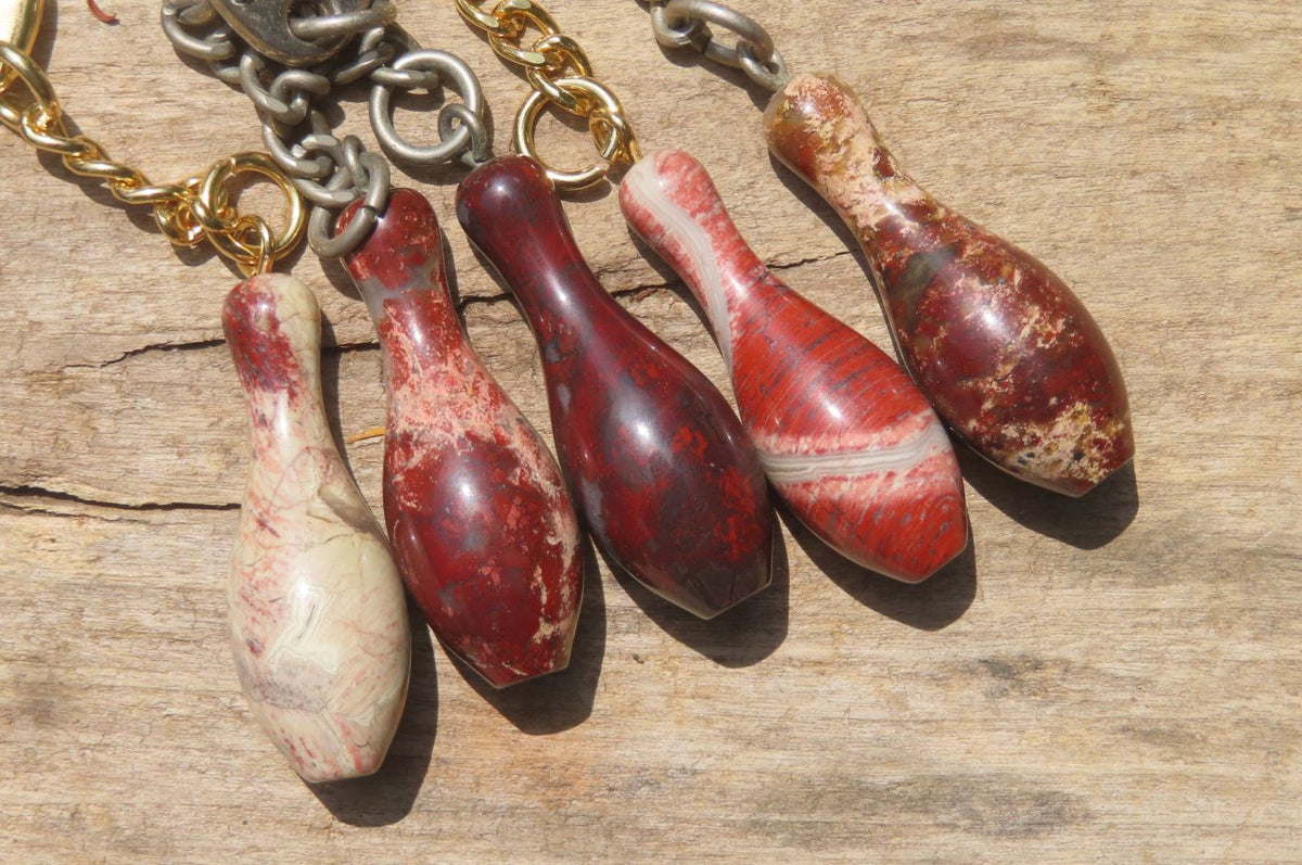 Hand Made Brecciated Red Jasper Ten Pin Bowling Skittle Keyrings - Sold Per Item - From South Africa - Toprock Gemstones and Minerals 