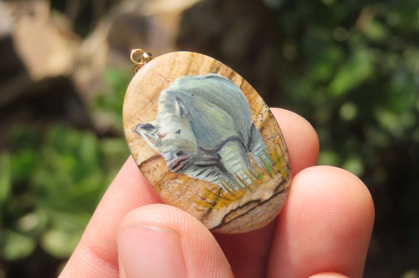 Polished Picture Stone Pendant with Hand Painted Rhinos - Sold Per Item - From Namibia - Toprock Gemstones and Minerals 
