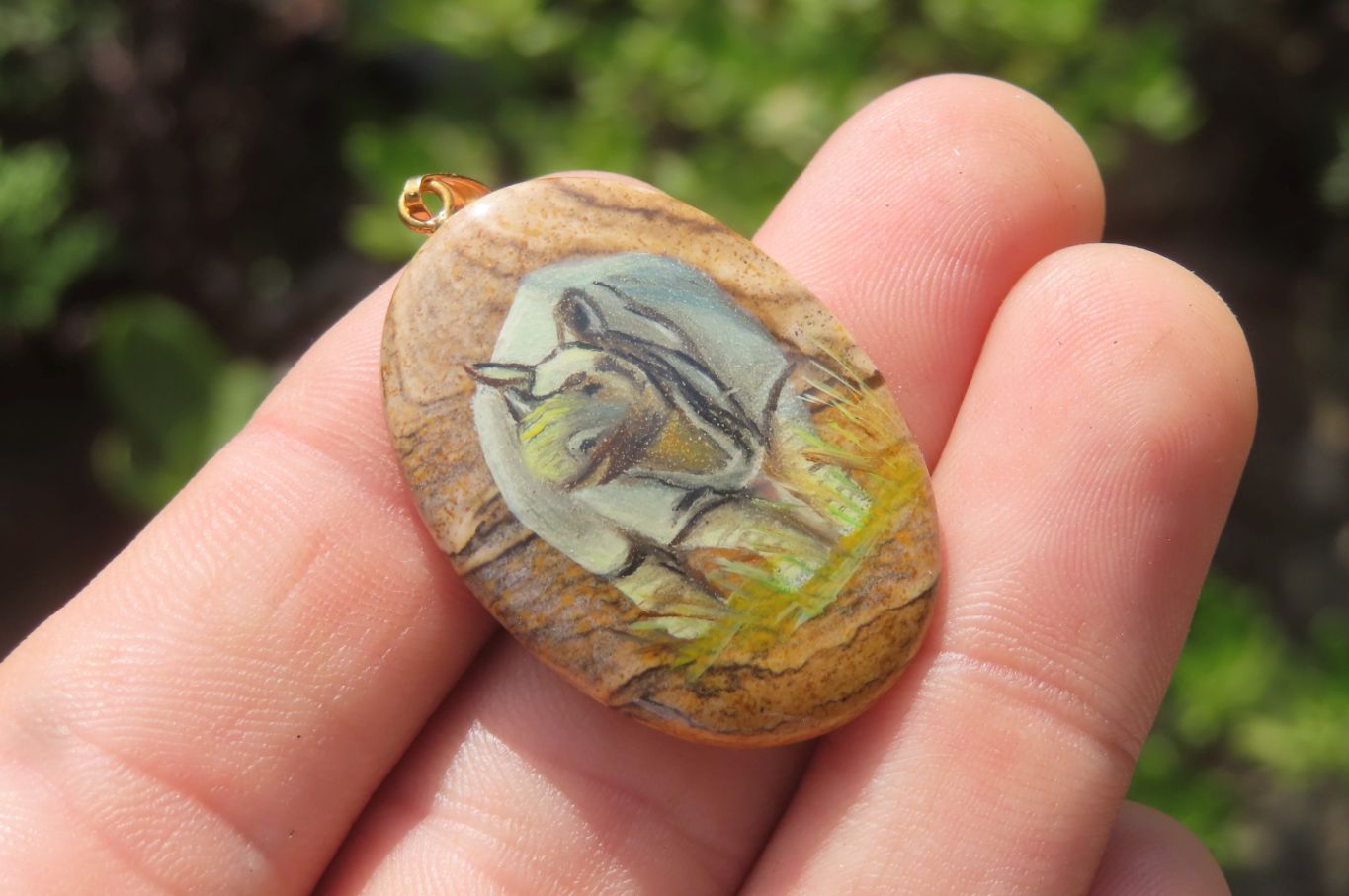 Polished Picture Stone Pendant with Hand Painted Rhinos - Sold Per Item - From Namibia - Toprock Gemstones and Minerals 
