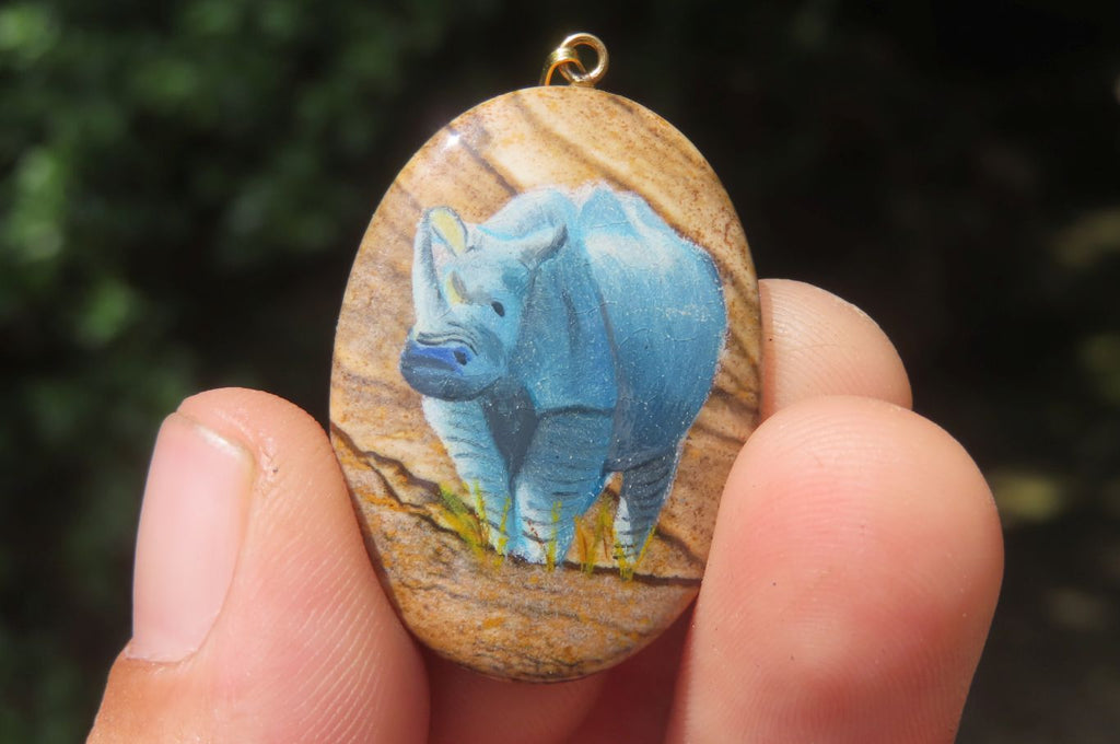 Polished Picture Stone Pendant with Hand Painted Rhinos - Sold Per Item - From Namibia - Toprock Gemstones and Minerals 