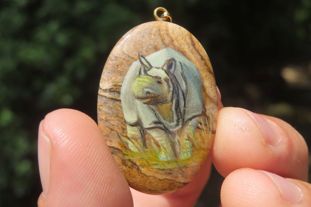 Polished Picture Stone Pendant with Hand Painted Rhinos - Sold Per Item - From Namibia - Toprock Gemstones and Minerals 