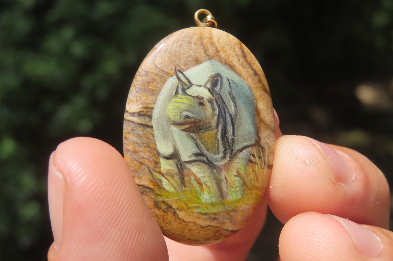 Polished Picture Stone Pendant with Hand Painted Rhinos - Sold Per Item - From Namibia - Toprock Gemstones and Minerals 