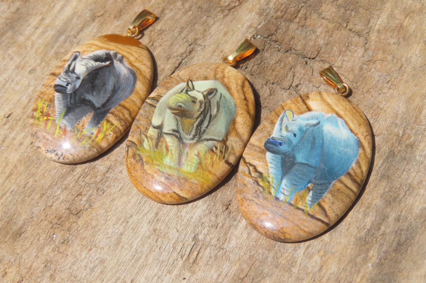 Polished Picture Stone Pendant with Hand Painted Rhinos - Sold Per Item - From Namibia - Toprock Gemstones and Minerals 