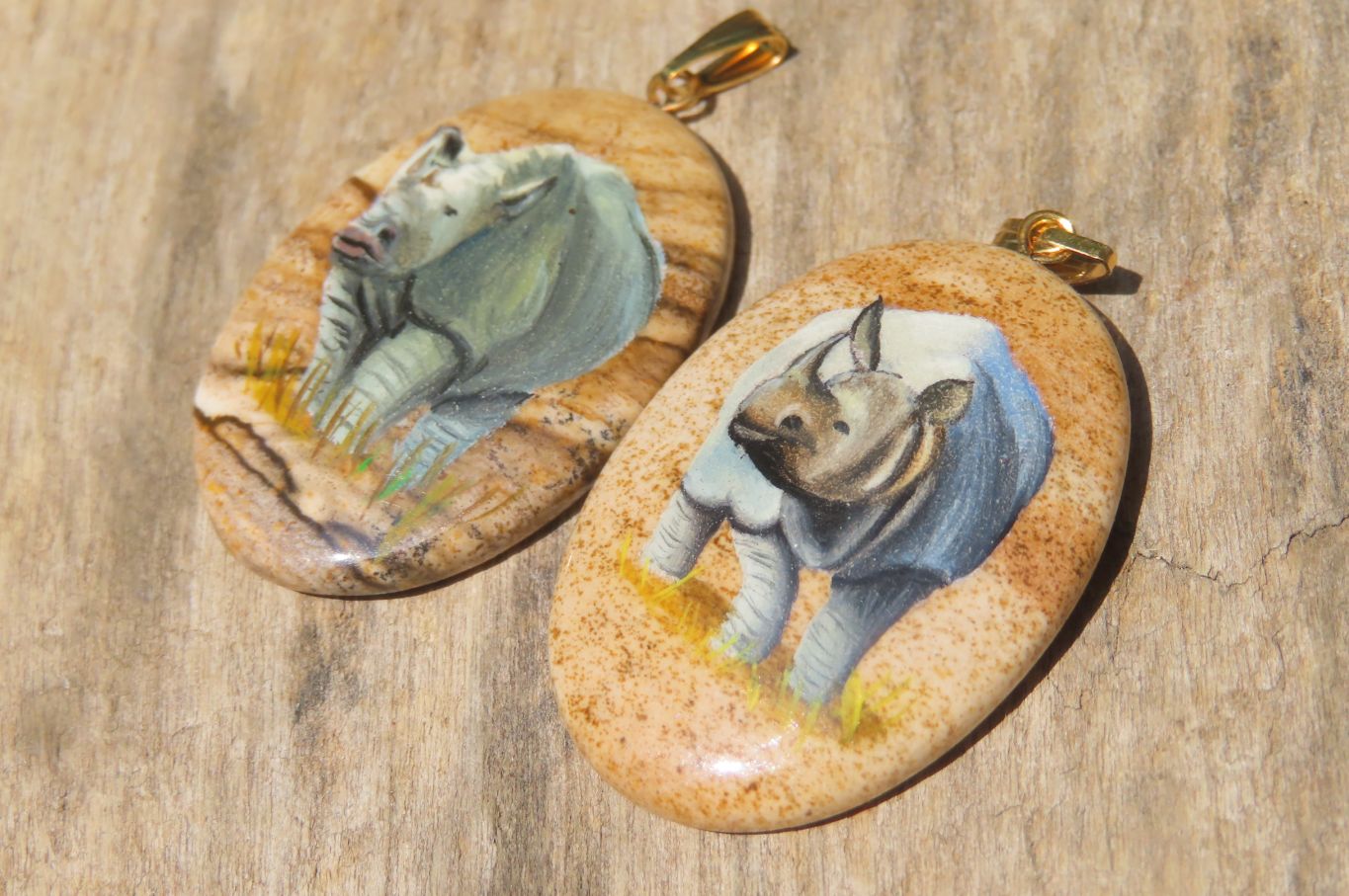 Polished Picture Stone Pendant with Hand Painted Rhinos - Sold Per Item - From Namibia - Toprock Gemstones and Minerals 