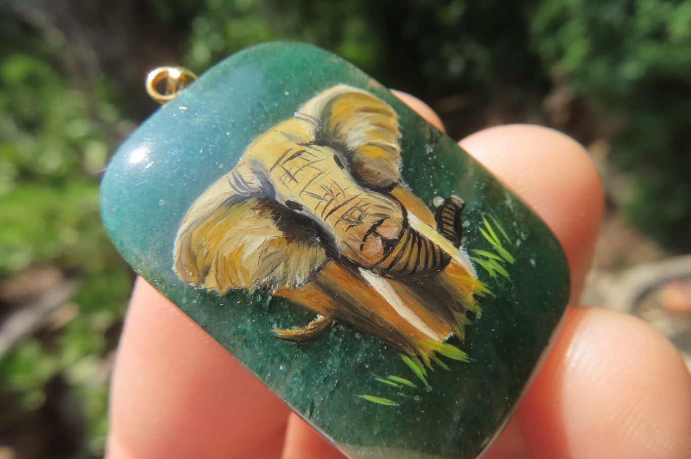 Polished Aventurine Pendant with Hand Painted Elephants - Sold Per Item - From Zimbabwe - Toprock Gemstones and Minerals 