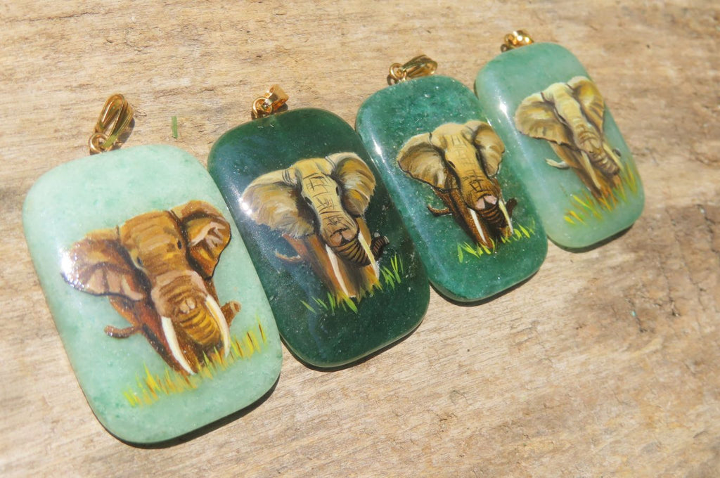 Polished Aventurine Pendant with Hand Painted Elephants - Sold Per Item - From Zimbabwe - Toprock Gemstones and Minerals 