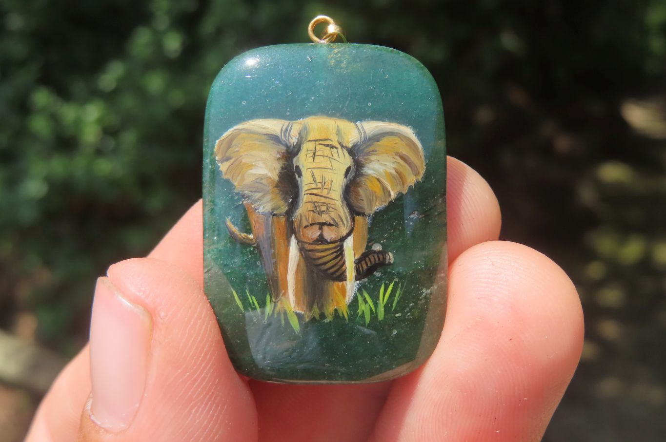 Polished Aventurine Pendant with Hand Painted Elephants - Sold Per Item - From Zimbabwe - Toprock Gemstones and Minerals 